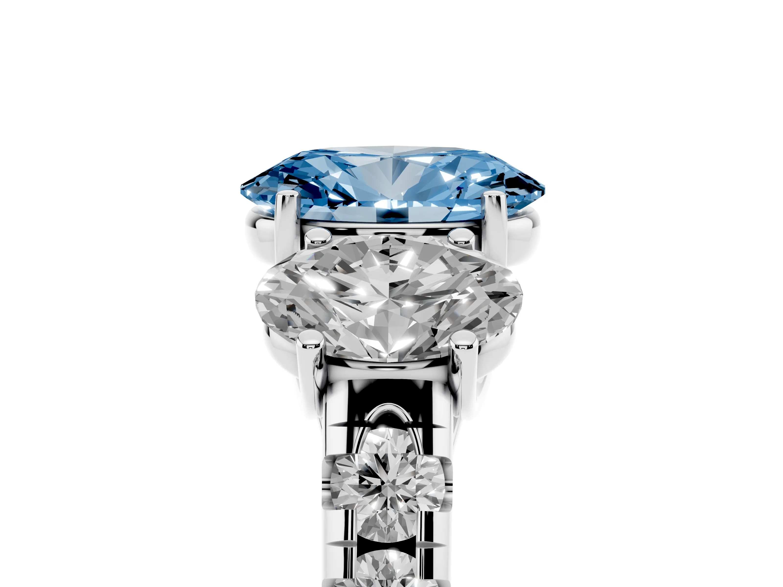 Fancy Blue Oval Cut Diamond Three-Stone Ring Set in Platinum with Pavé Band
