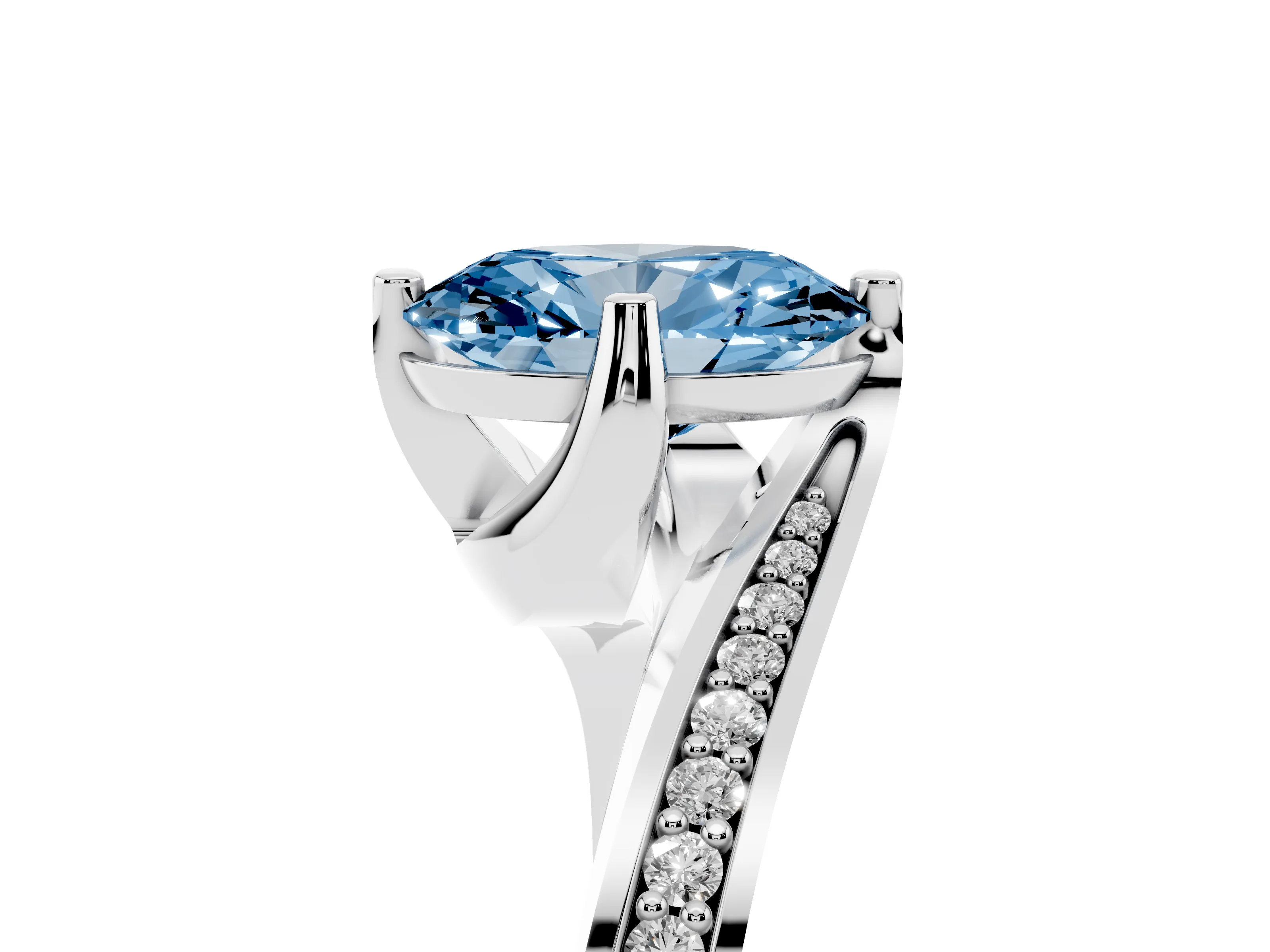 Fancy Blue Oval Cut Diamond Solitaire Ring Set in Silver with Intertwined Pavé Twist Band