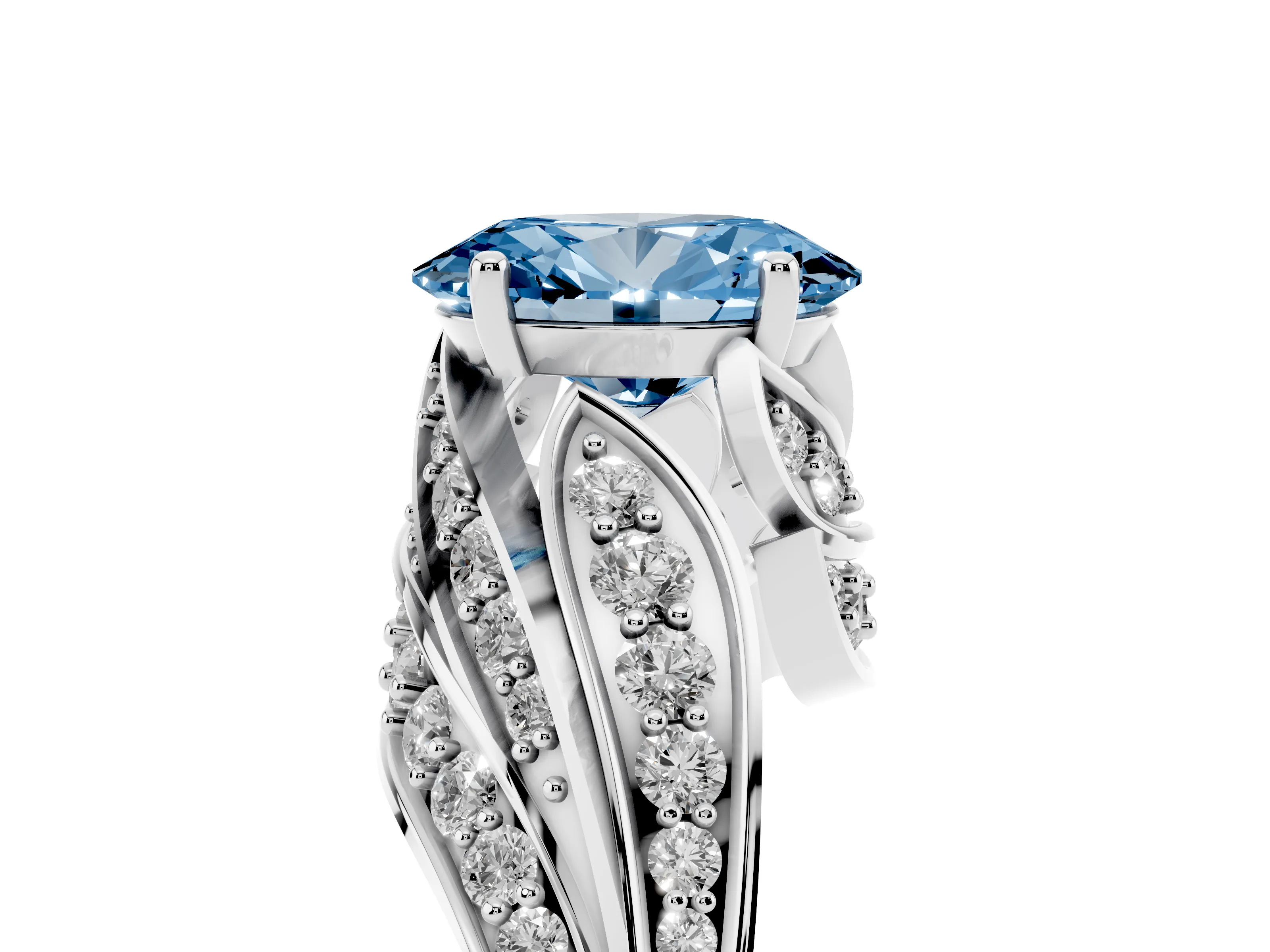 Fancy Blue Oval Cut Diamond Solitaire Ring Set in Silver with Layered Twist Pavé Band