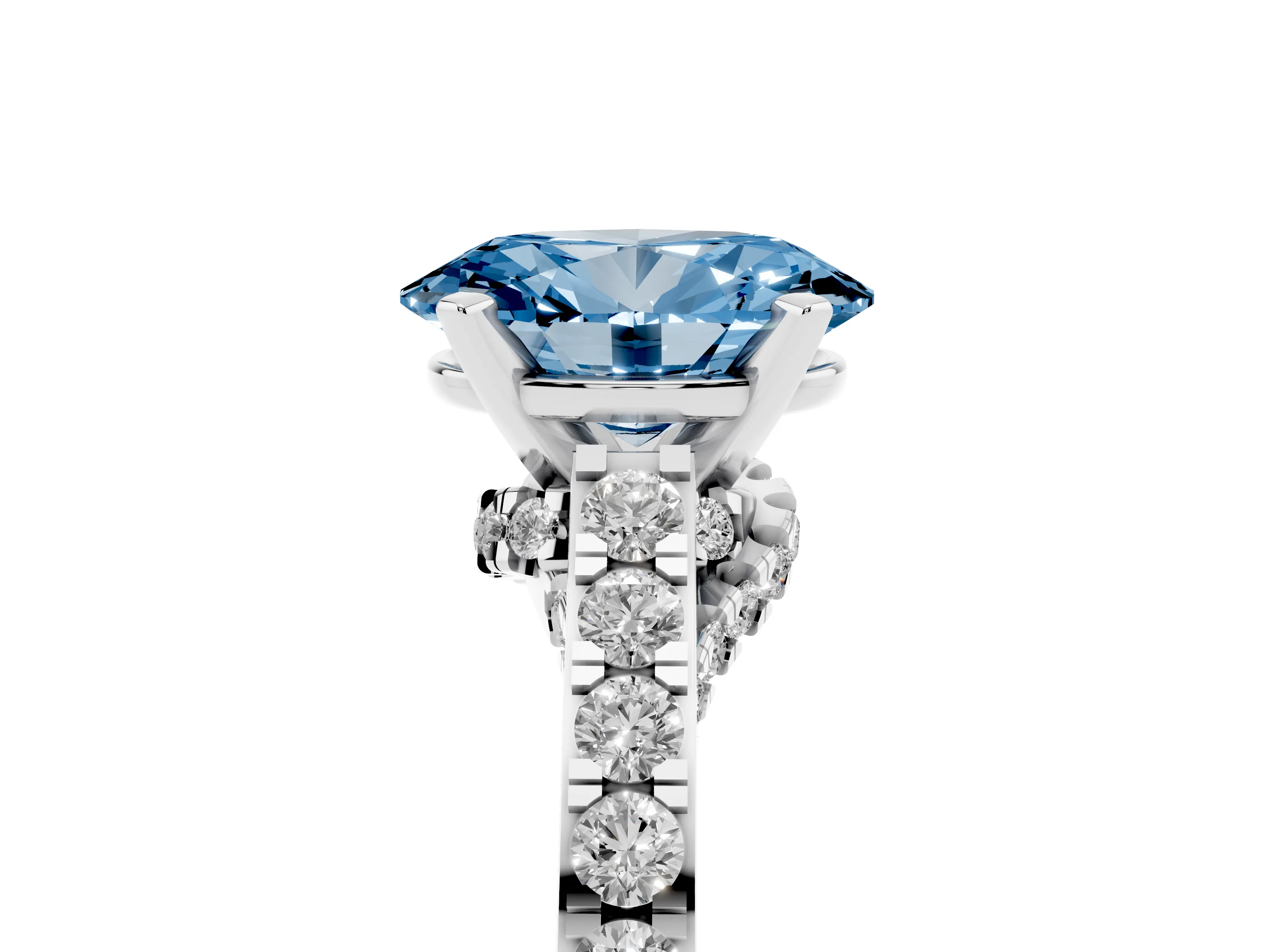 Fancy Blue Oval Cut Diamond Solitaire Ring Set in White gold with Crossover Gallery and Round Pavé Band