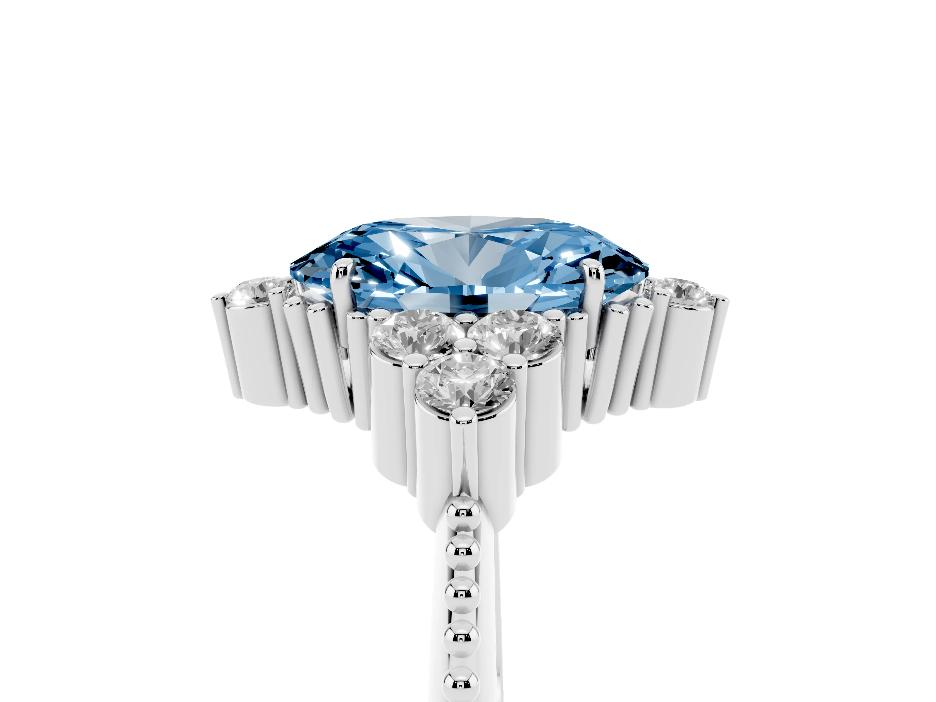 Fancy Blue Oval Cut Diamond Cluster Ring Set in Platinum with Beaded Band