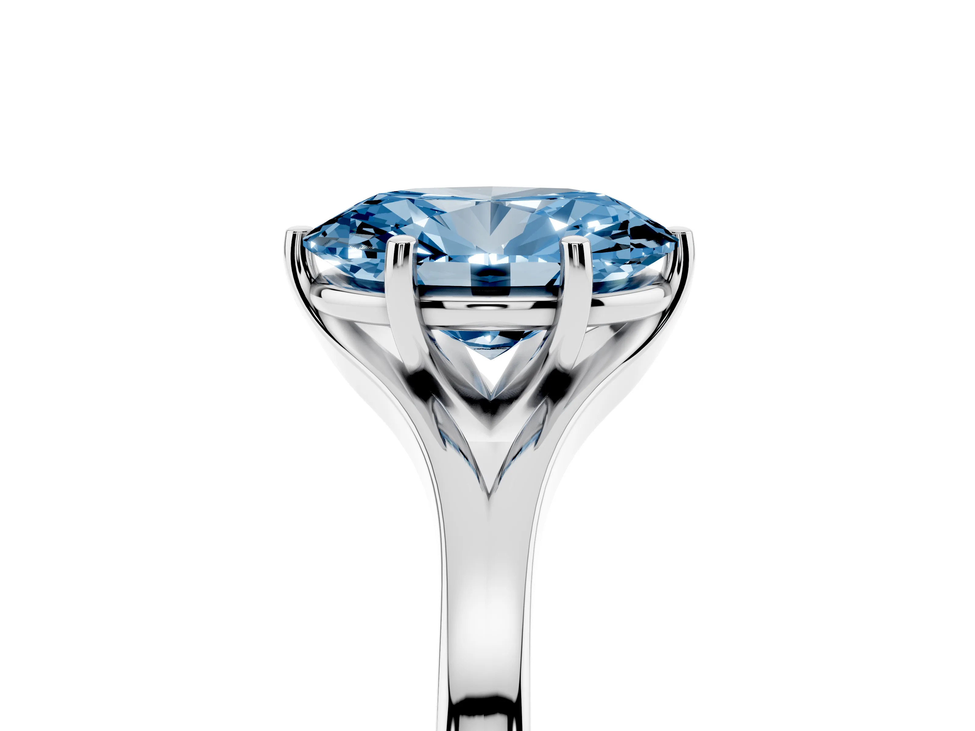 Fancy Blue Oval Cut Diamond Solitaire Ring Set in Silver with Polished Tapered Band and Prong Setting