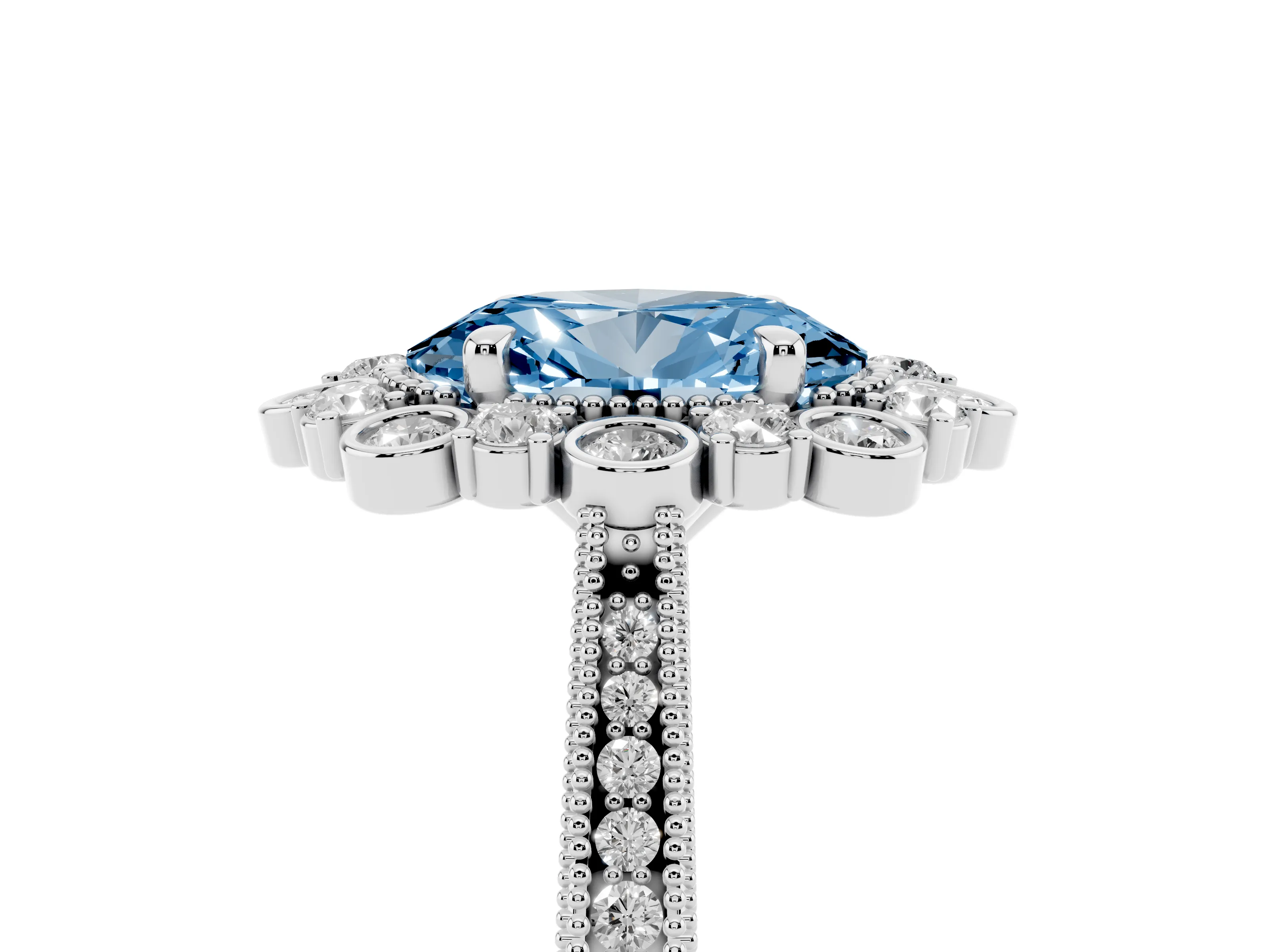 Fancy Blue Oval Cut Diamond Halo Milgrain Pavé Ring Set in Silver with Prong Setting