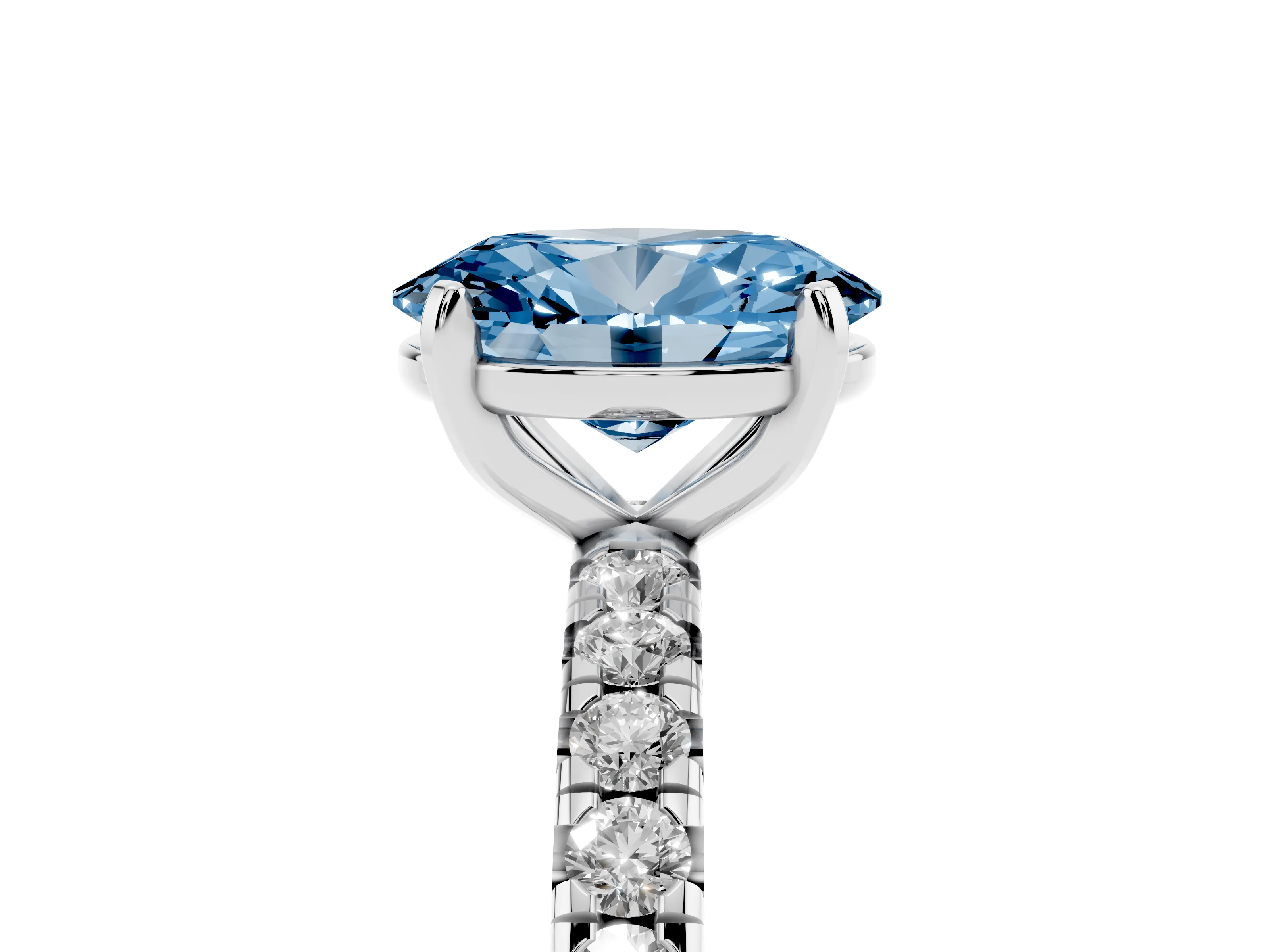 Fancy Blue Oval Cut Diamond Pavé Solitaire Ring Set in Silver with Round Band and Prong Setting