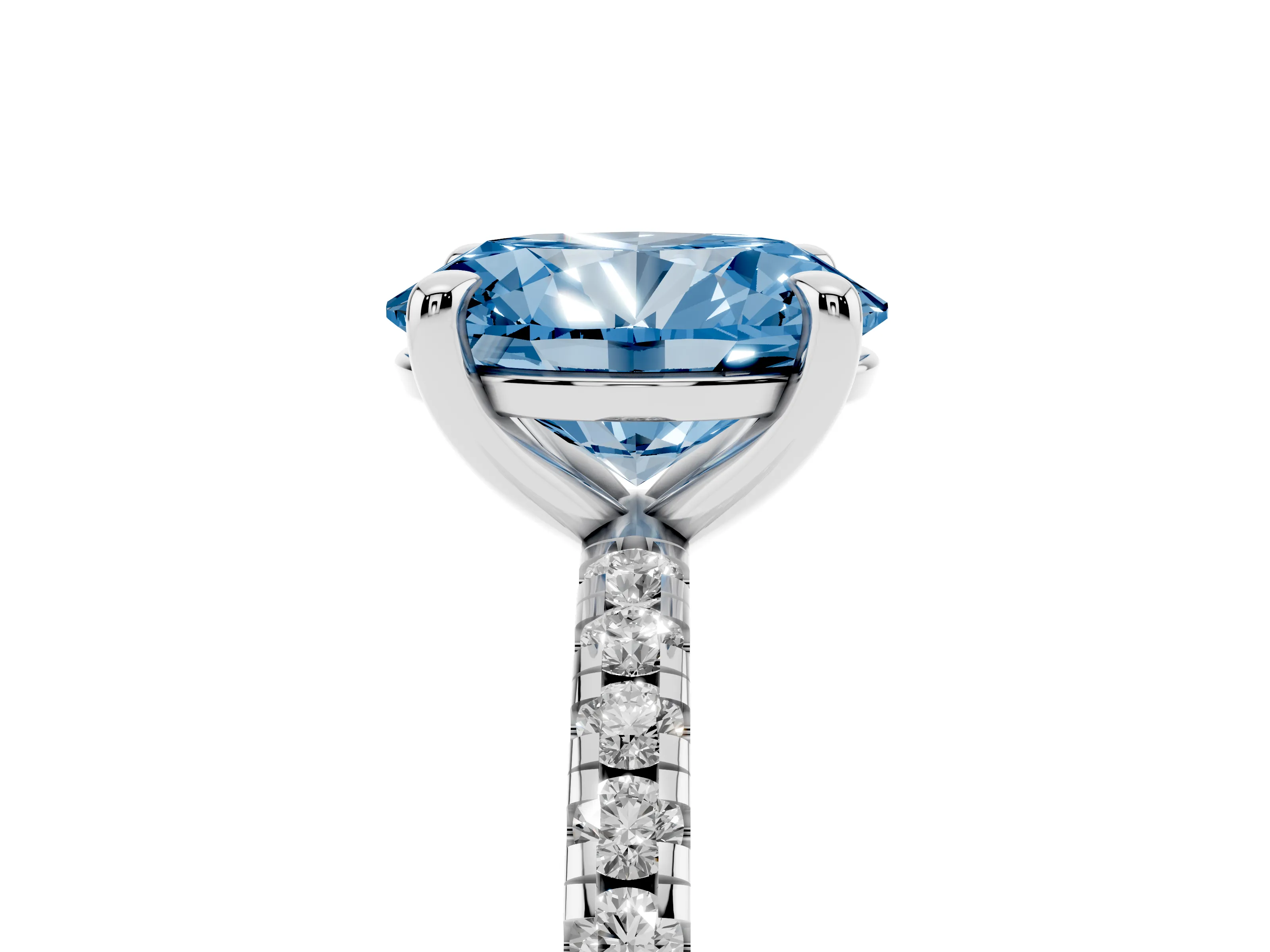 Fancy Blue Oval Cut Diamond Brilliant Solitaire Ring Set in White gold with Pavé Band and Prong Setting