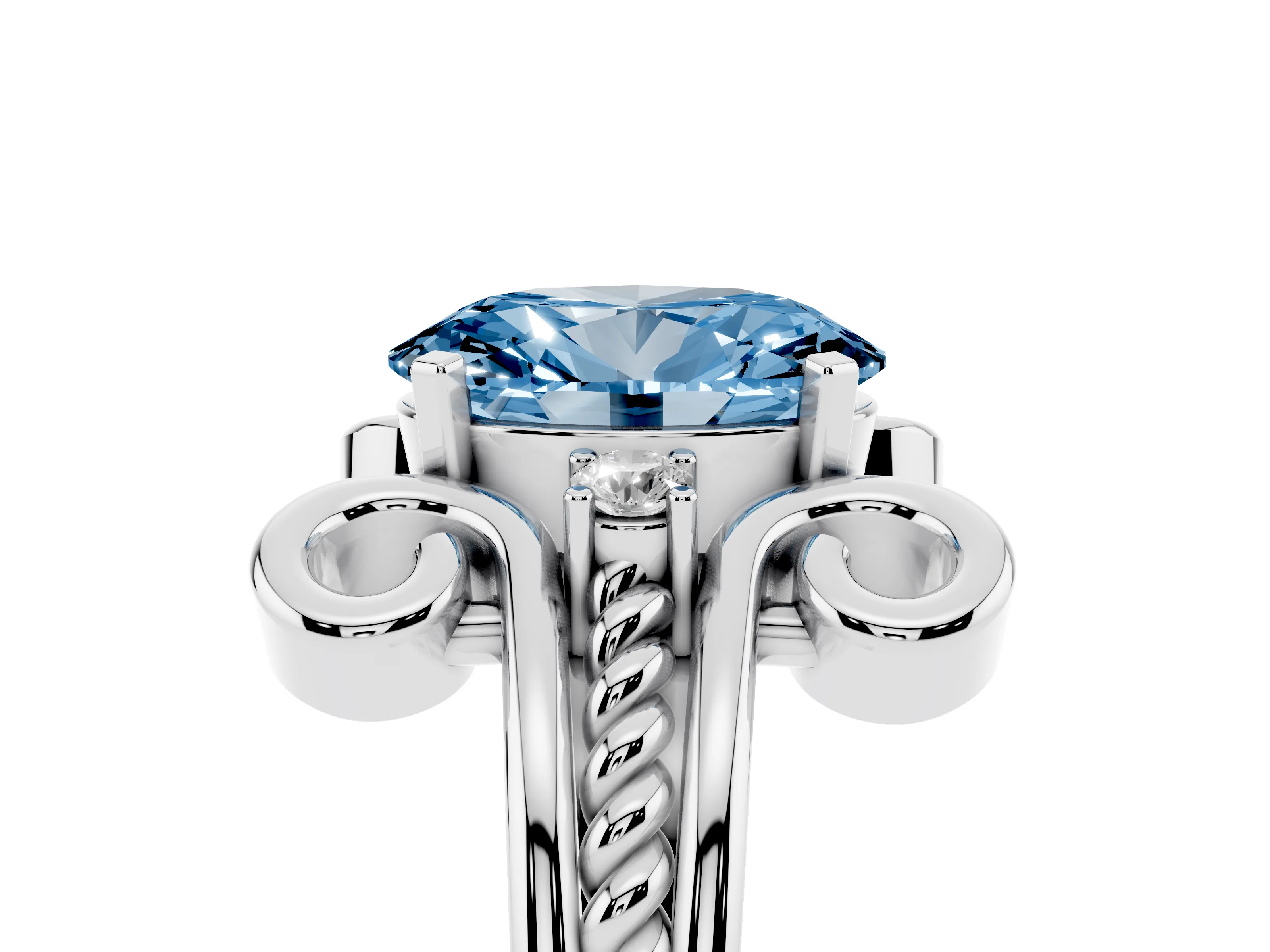 Fancy Blue Oval Cut Diamond Twisted Band Solitaire Ring Set in Silver with Scroll Prongs