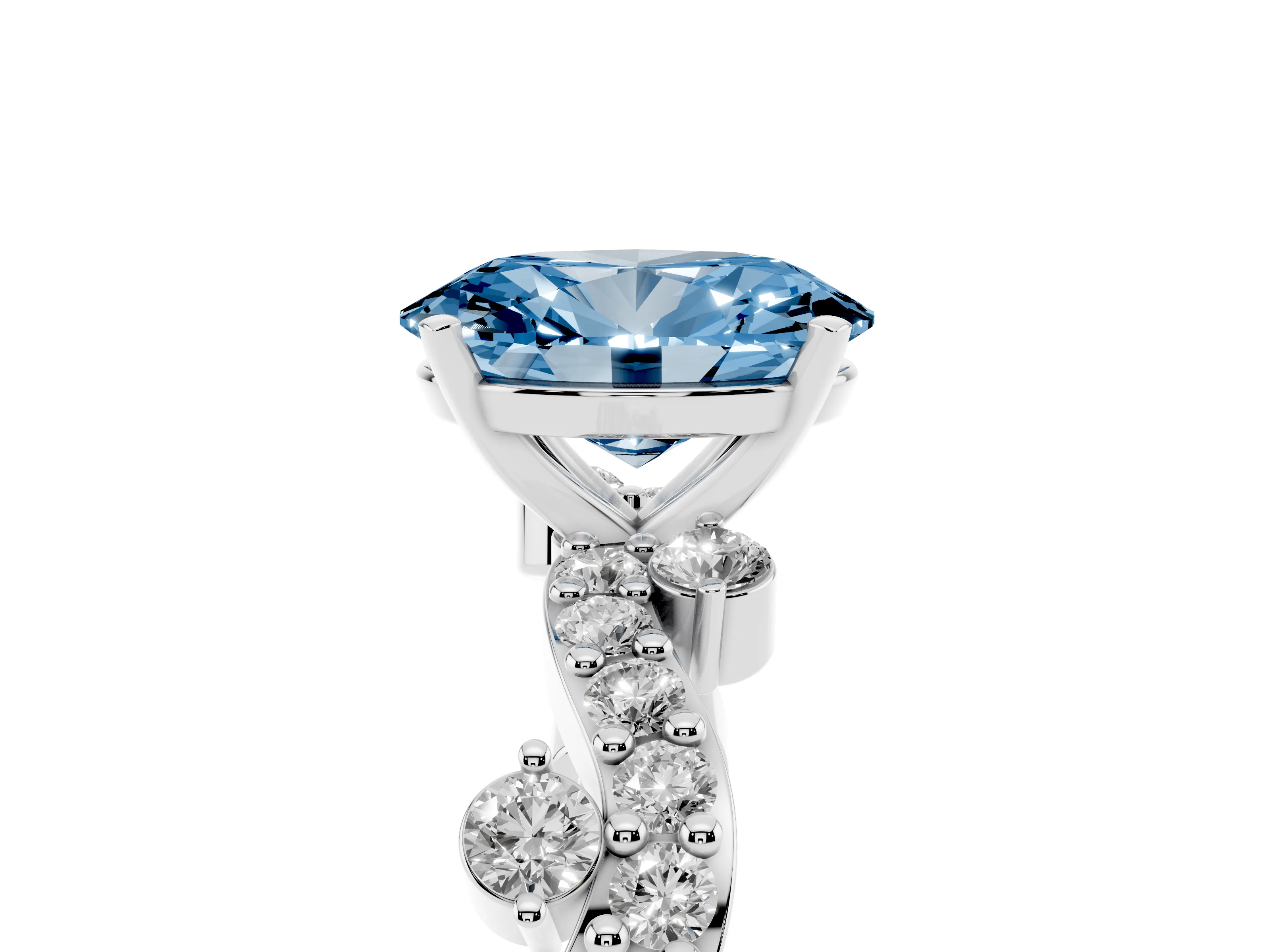 Fancy Blue Oval Cut Diamond Solitaire Twisted Band Set in Silver with Pavé Setting