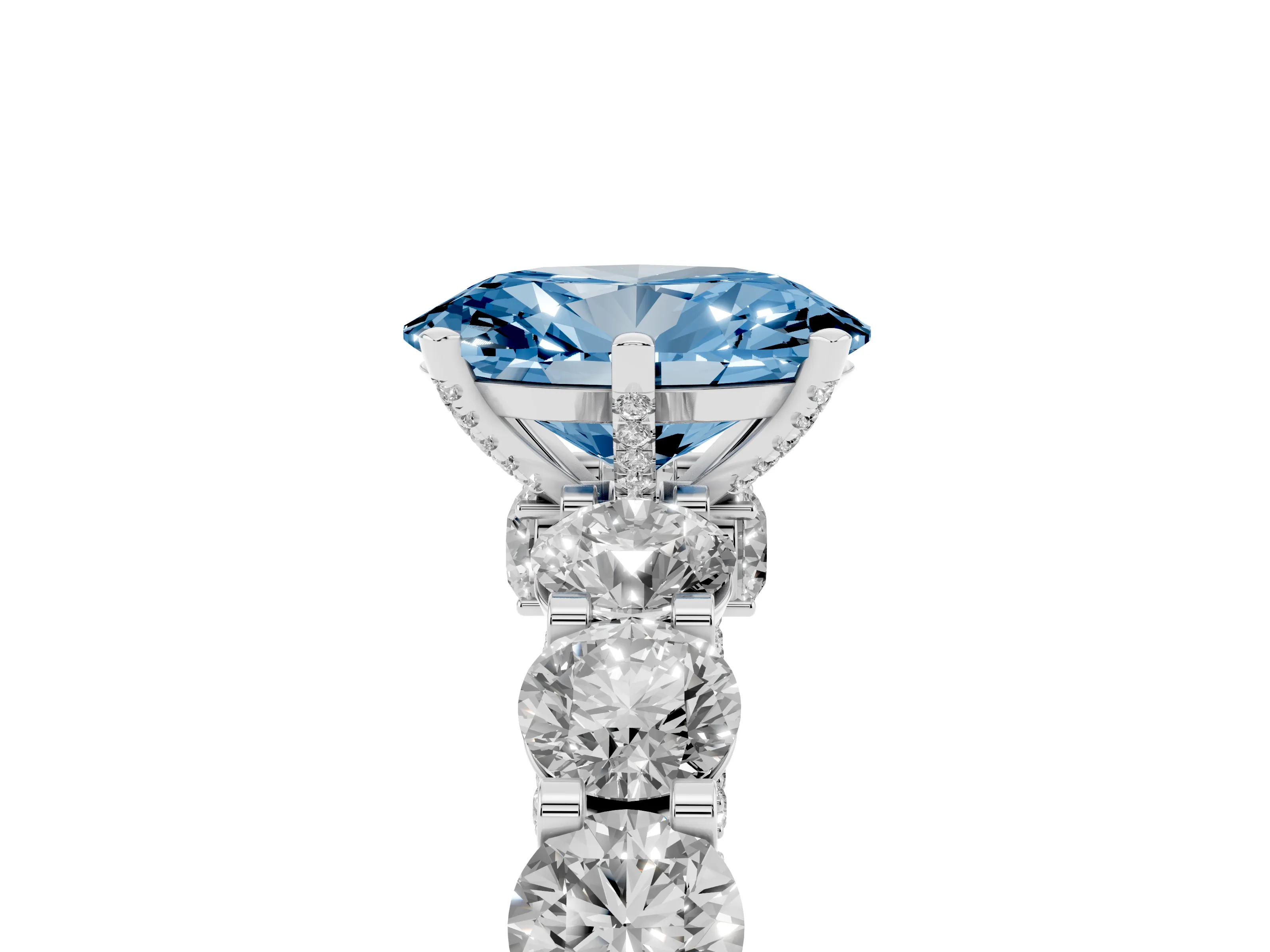 Fancy Blue Oval Cut Diamond Side Stone Ring Set in White gold with Alternating Round and Oval Side Stones