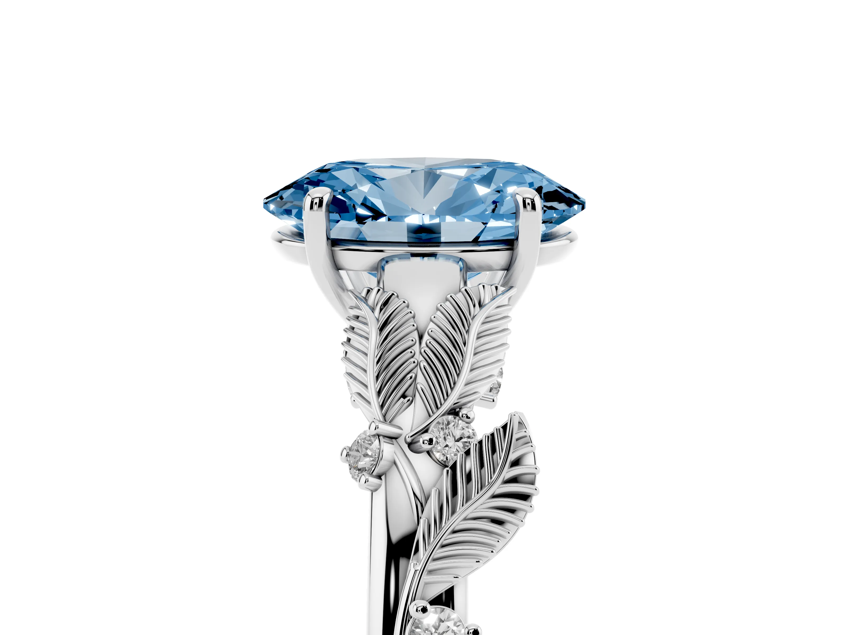 Fancy Blue Oval Cut Diamond Solitaire Ring Set in Platinum with Leaf Motif Band