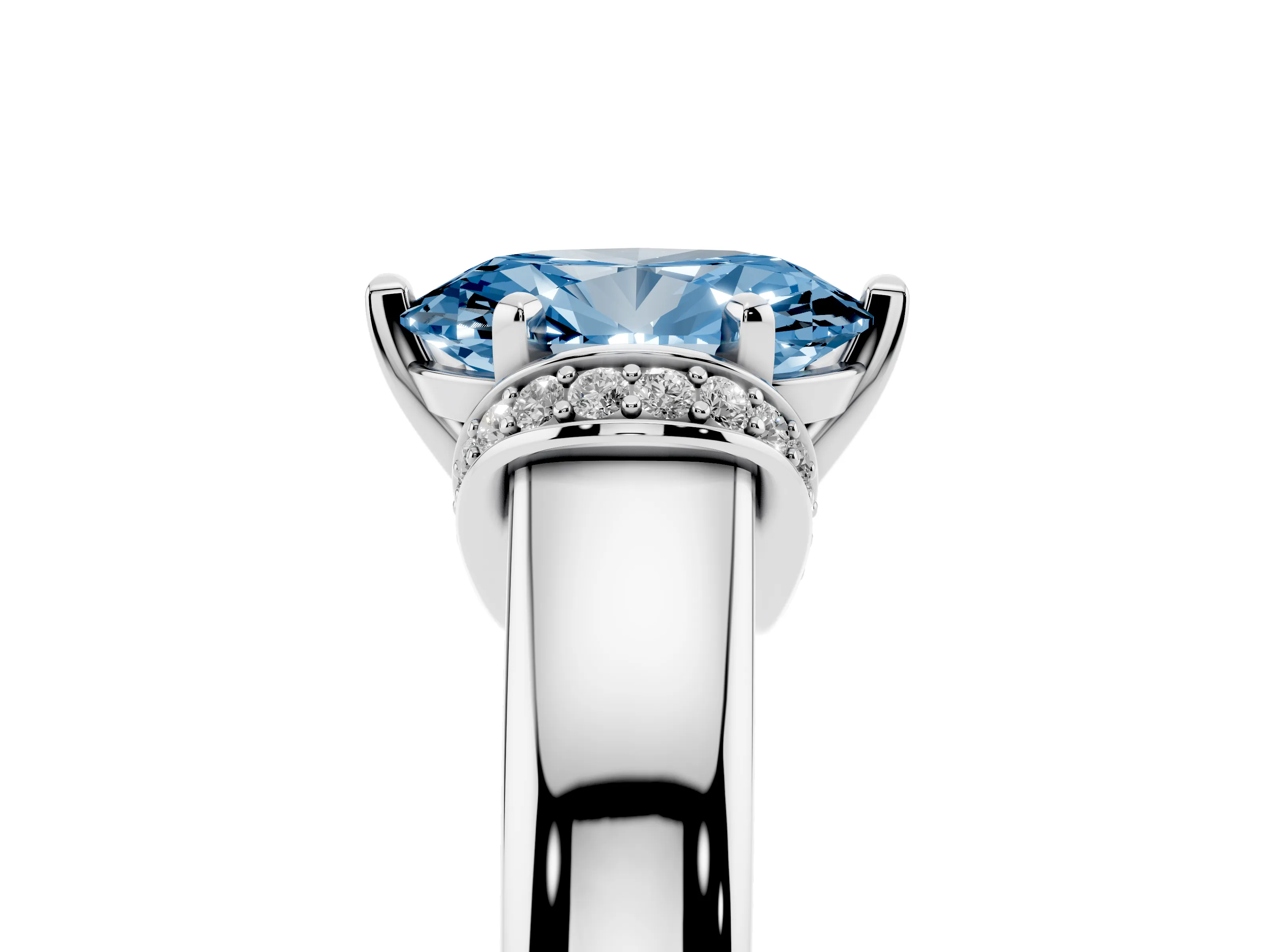 Fancy Blue Oval Cut Diamond Pavé Band Solitaire Ring Set in Platinum with Prong Setting