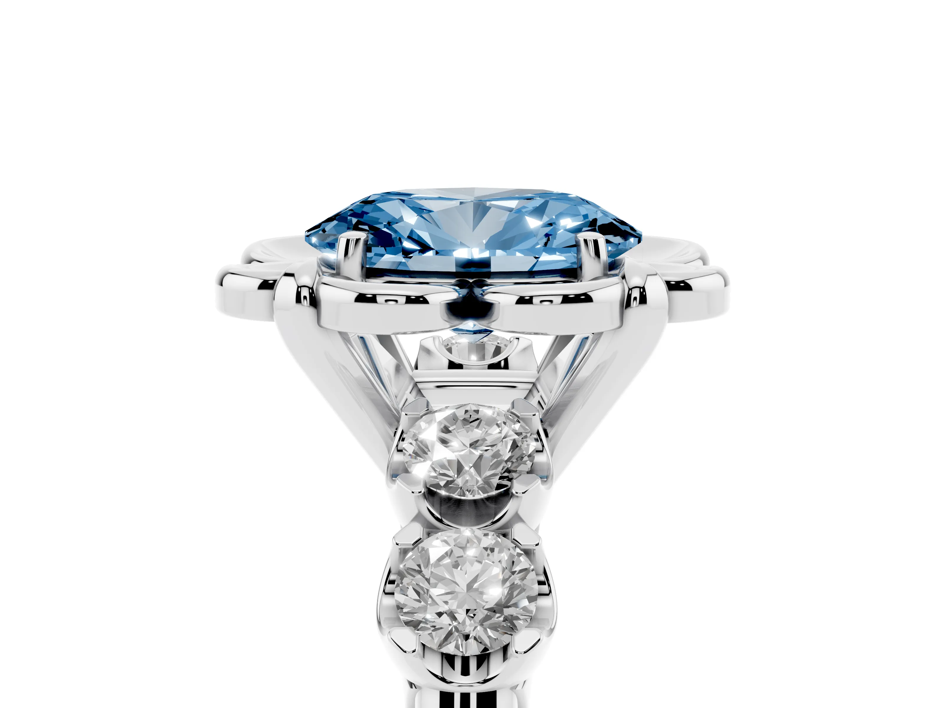 Fancy Blue Oval Cut Diamond Floral Halo Ring Set in Silver with Shared Prong Band