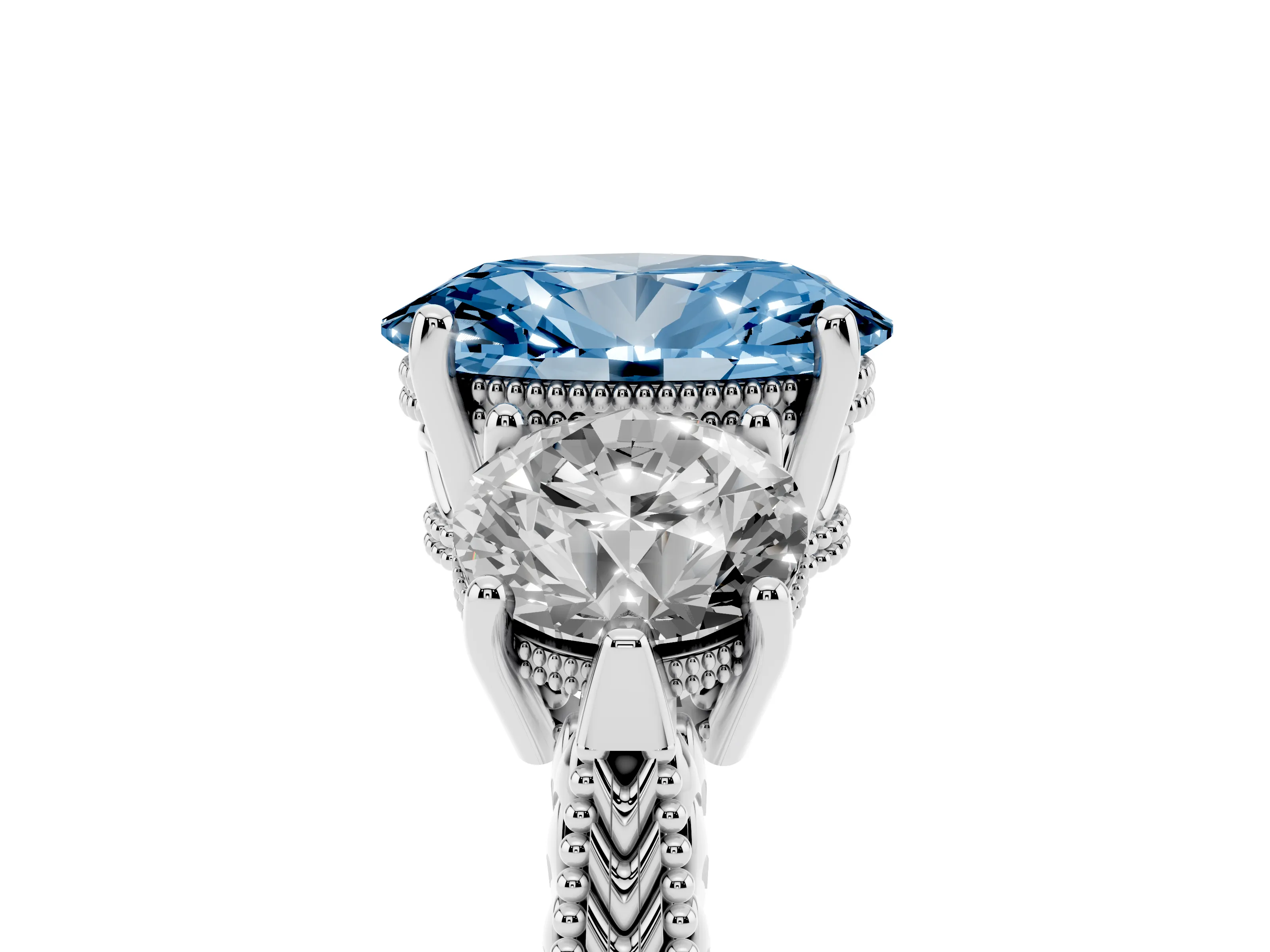 Fancy Blue Oval Cut Diamond Three-Stone Ring Set in Silver with Milgrain Band