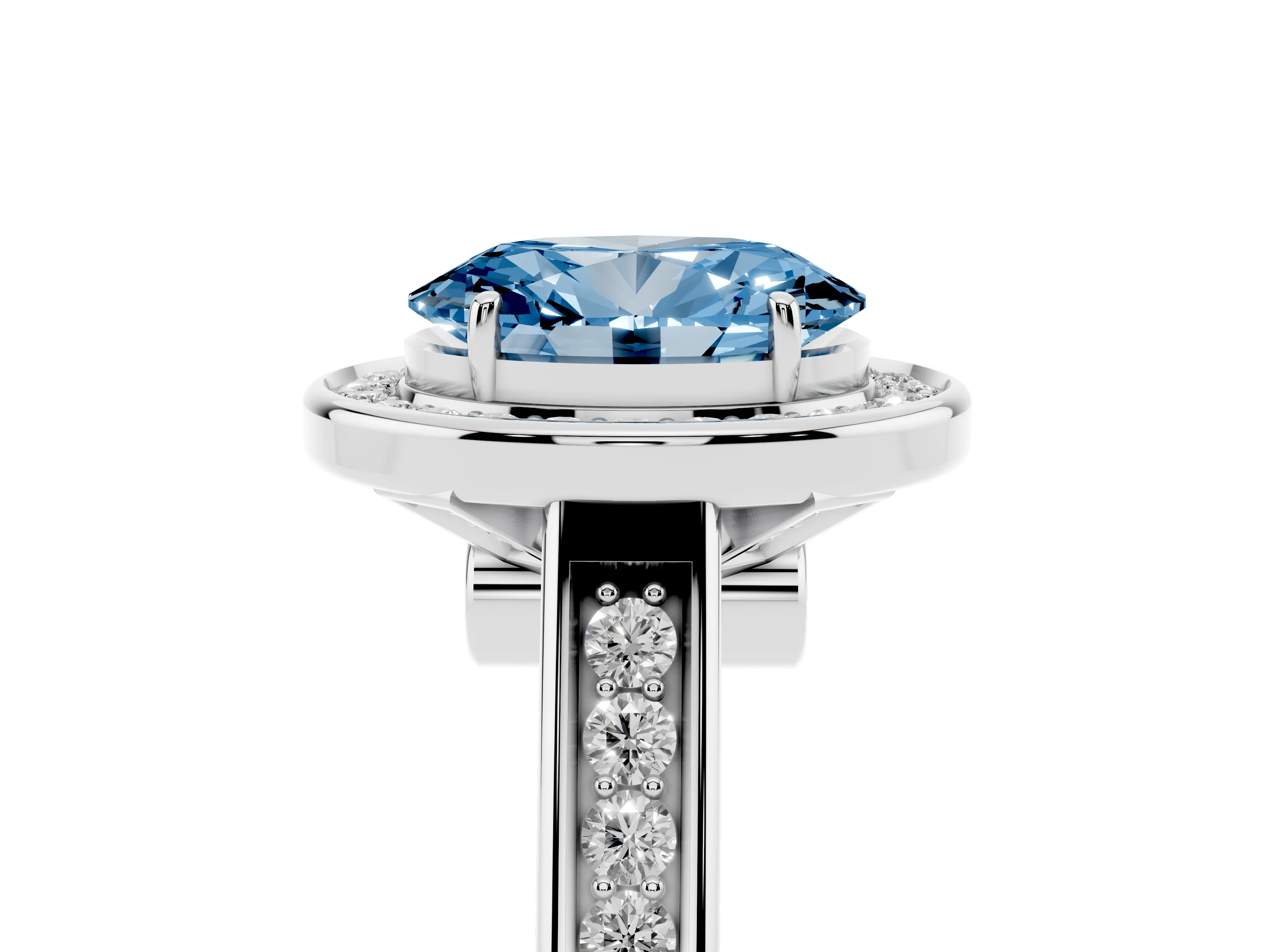 Fancy Blue Oval Cut Diamond Halo Solitaire Ring Set in Silver with Pavé Band and Bezel Setting