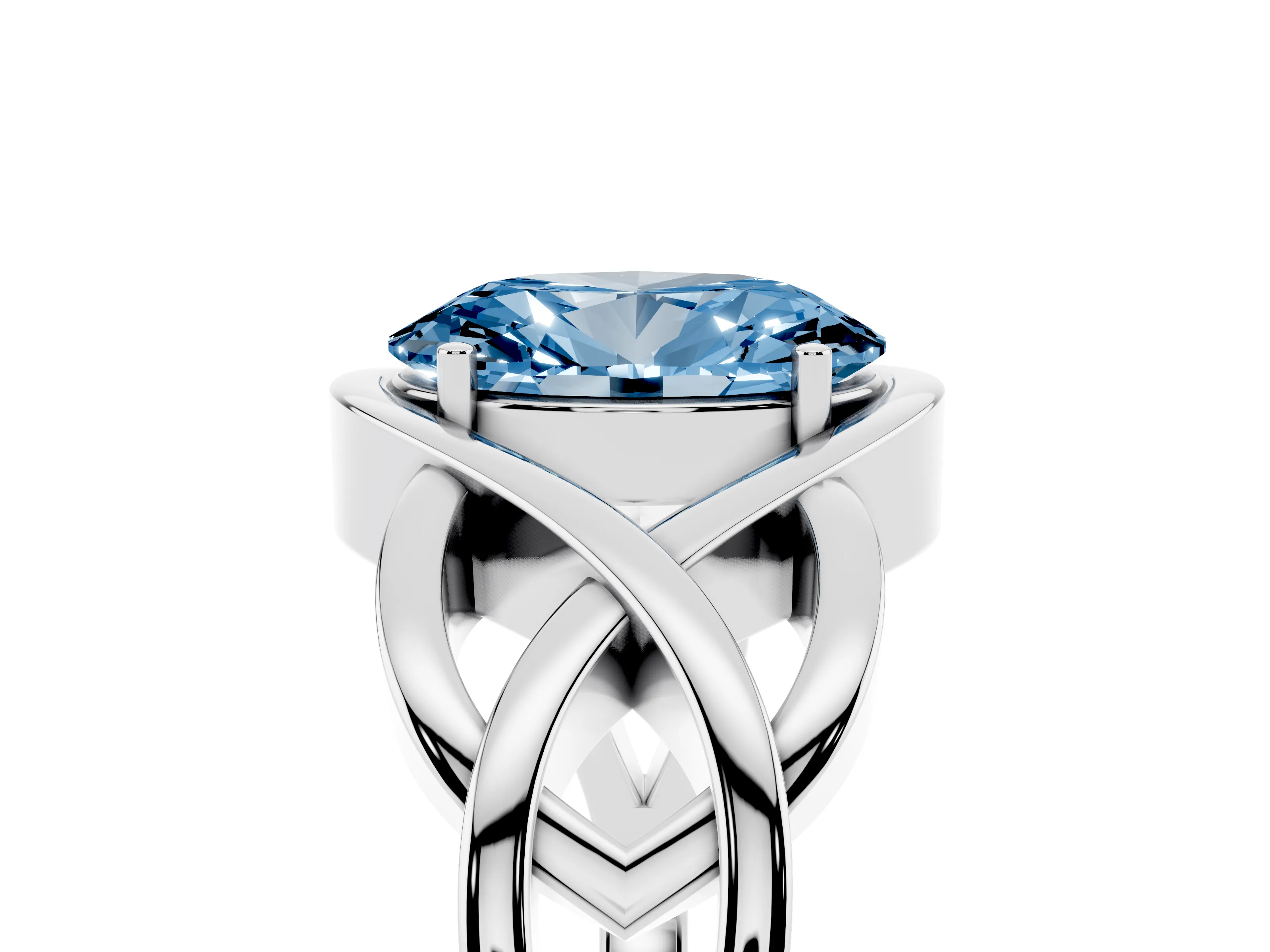 Fancy Blue Oval Cut Diamond Solitaire Ring Set in Platinum with Intertwined Band