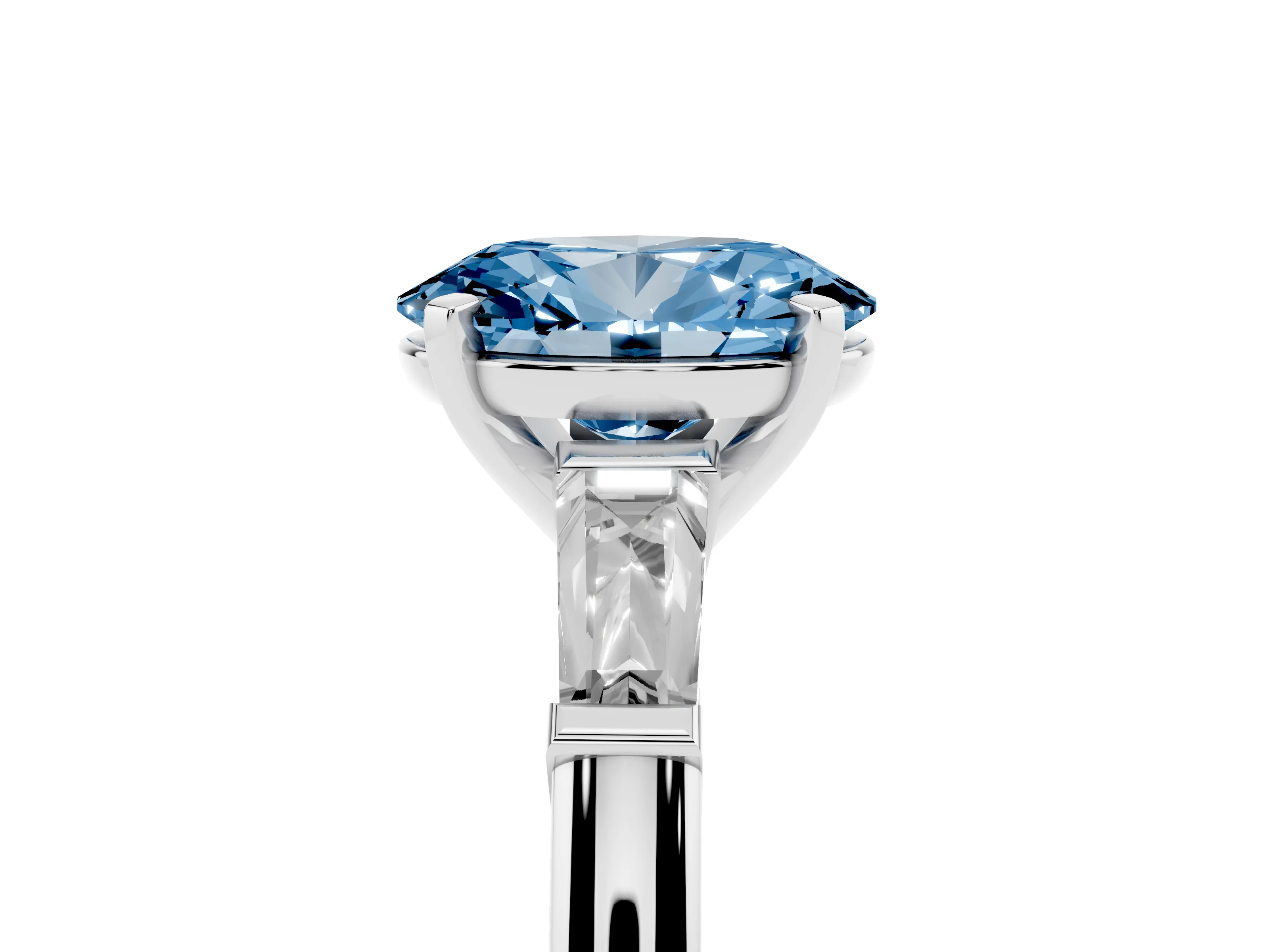 Fancy Blue Oval Cut Diamond Solitaire Ring Set in White gold with Tapered Baguette Side Stones and Prong Setting