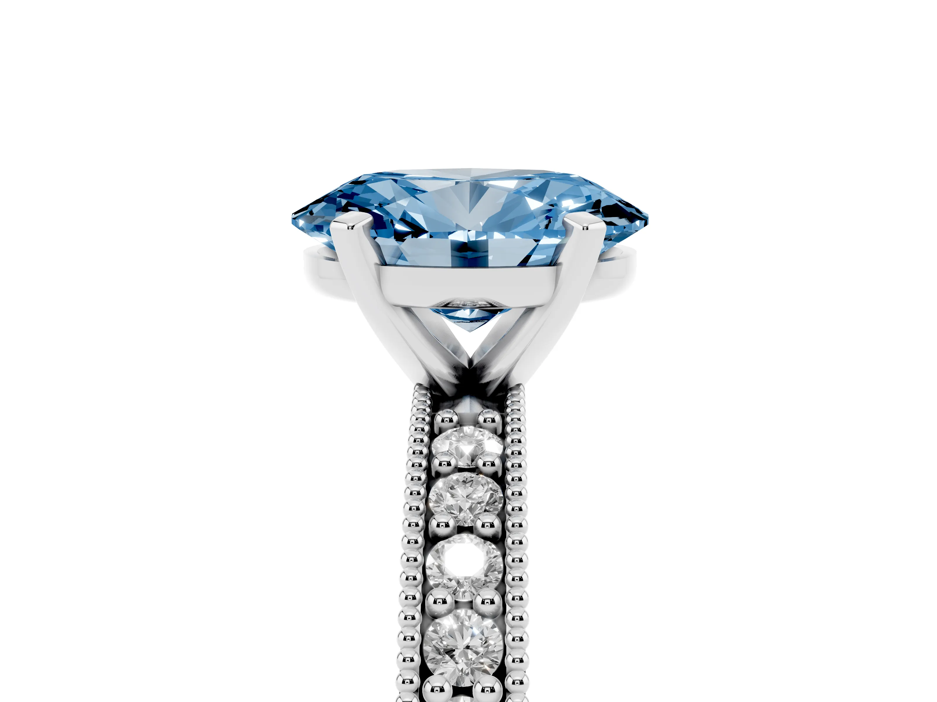 Fancy Blue Oval Cut Diamond Milgrain Pavé Engagement Ring Set in Silver with Prong Setting