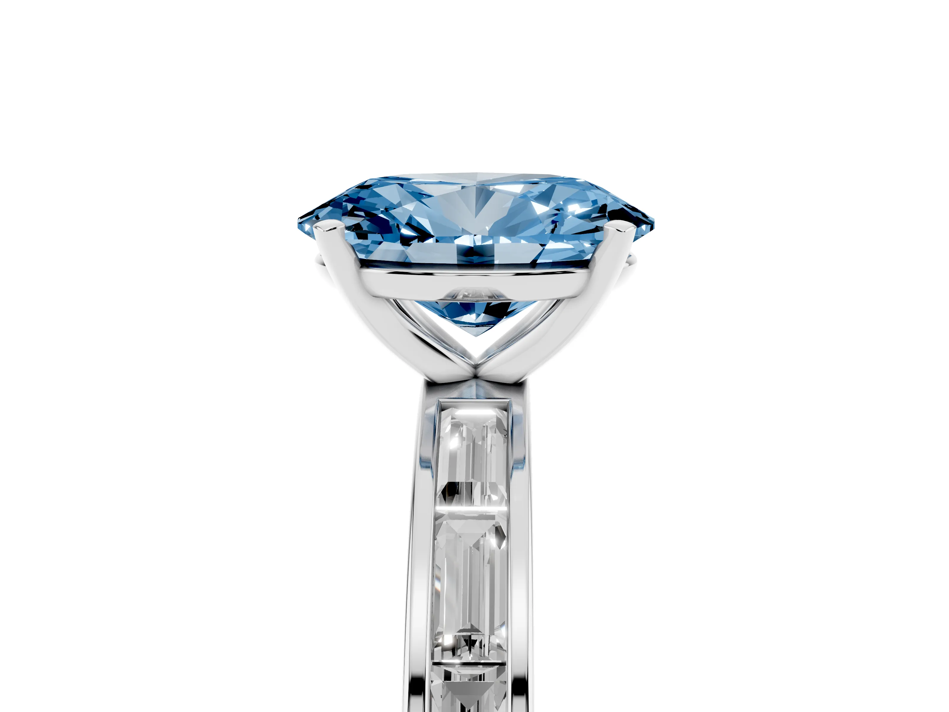 Fancy Blue Oval Cut Diamond Solitaire Ring Set in White gold with Channel-Set Baguette Band and Prong Setting