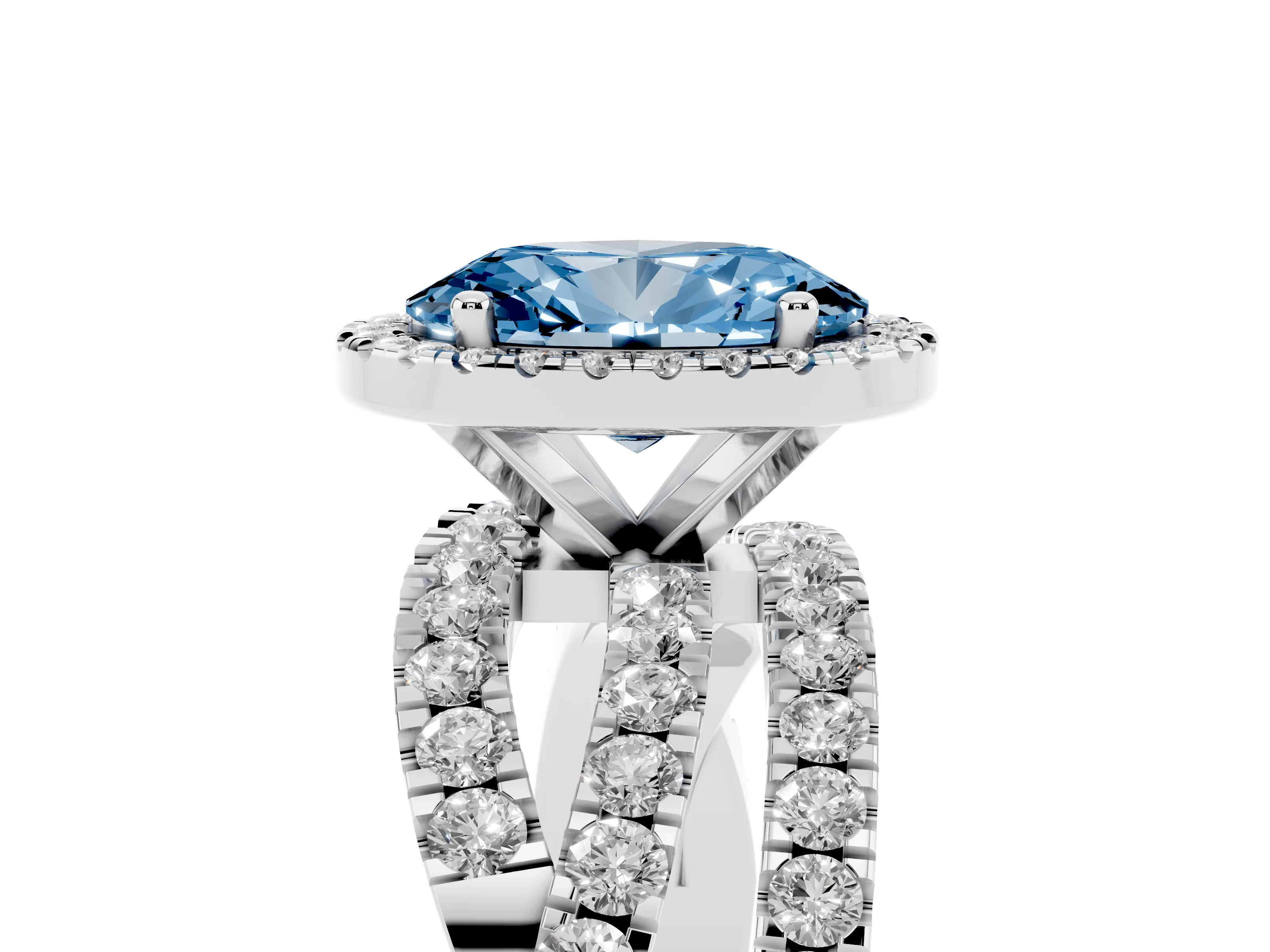 Fancy Blue Oval Cut Diamond Halo Ring Set in Platinum with Round Crossover Split Shank and Prong Setting