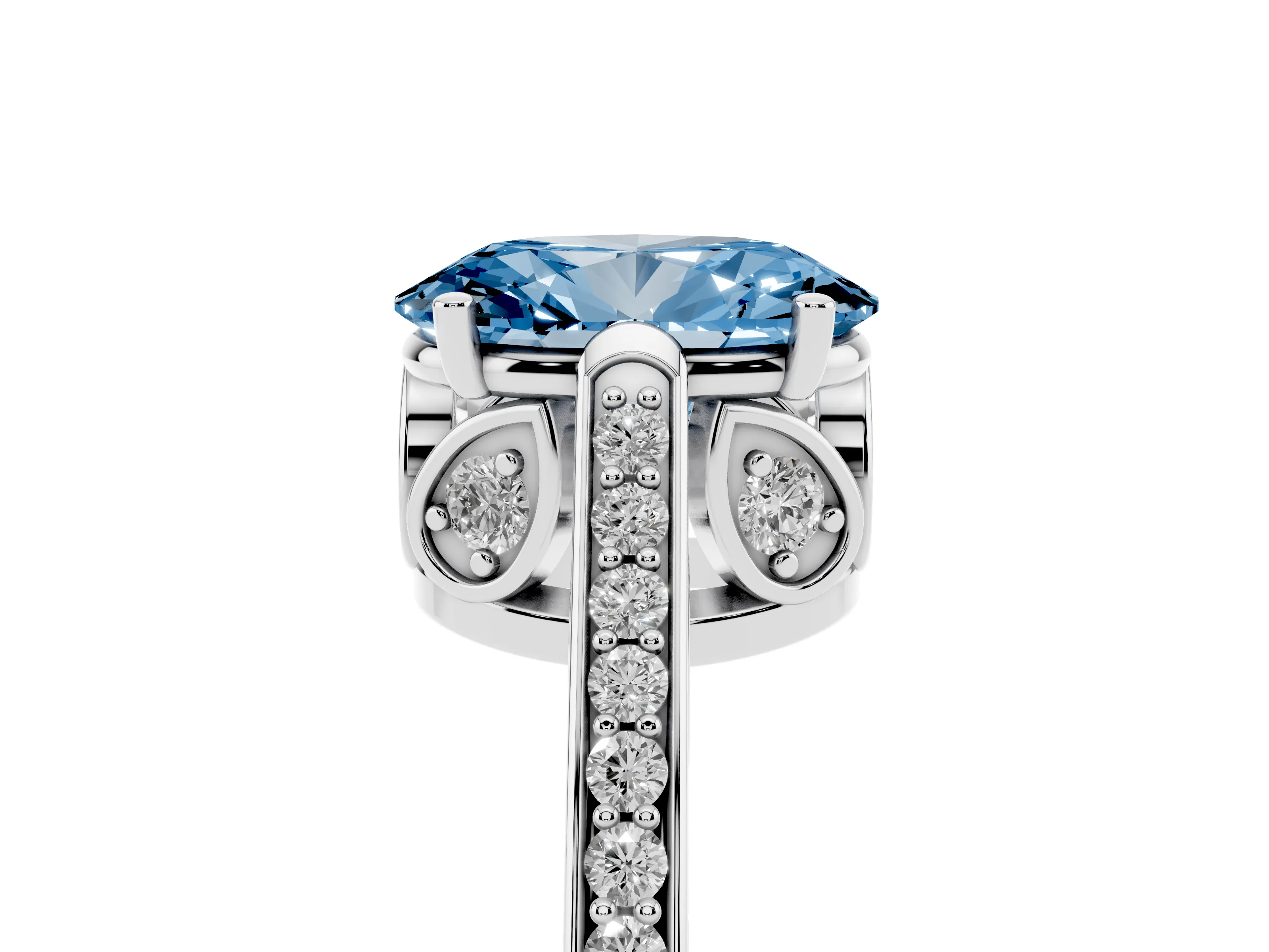 Fancy Blue Oval Cut Diamond Cathedral Pavé Engagement Ring Set in White gold with Prong Setting