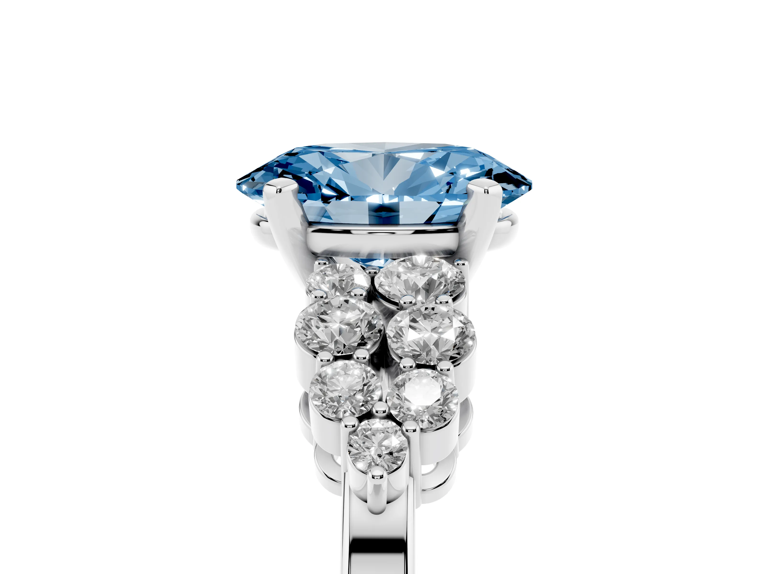 Fancy Blue Oval Cut Diamond Cluster Engagement Ring Set in Silver with Pavé Band and Prong Setting