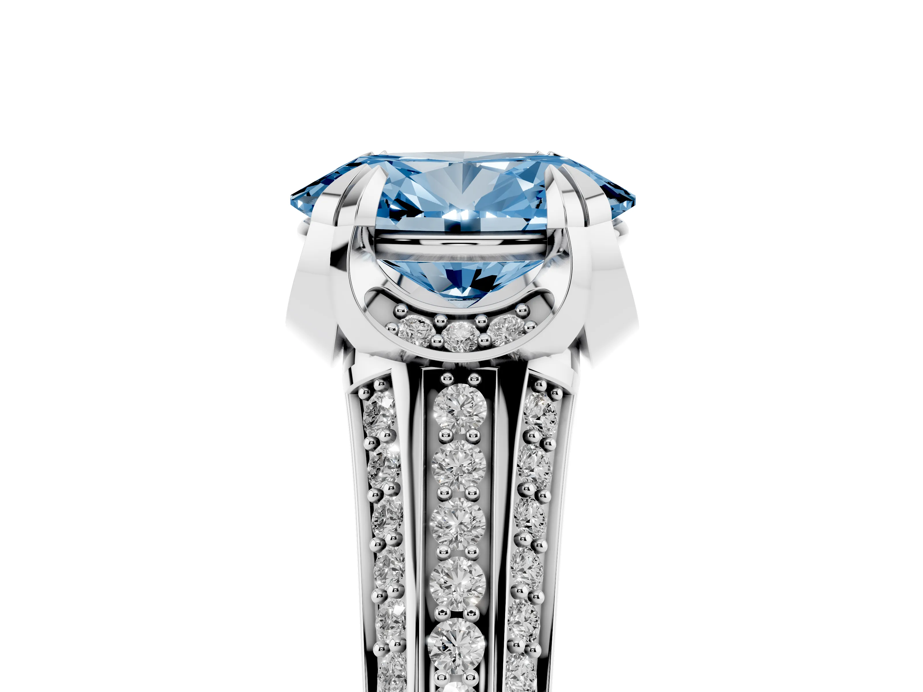 Fancy Blue Oval Cut Diamond Pavé Split Shank Solitaire Ring Set in White gold with Prong Setting