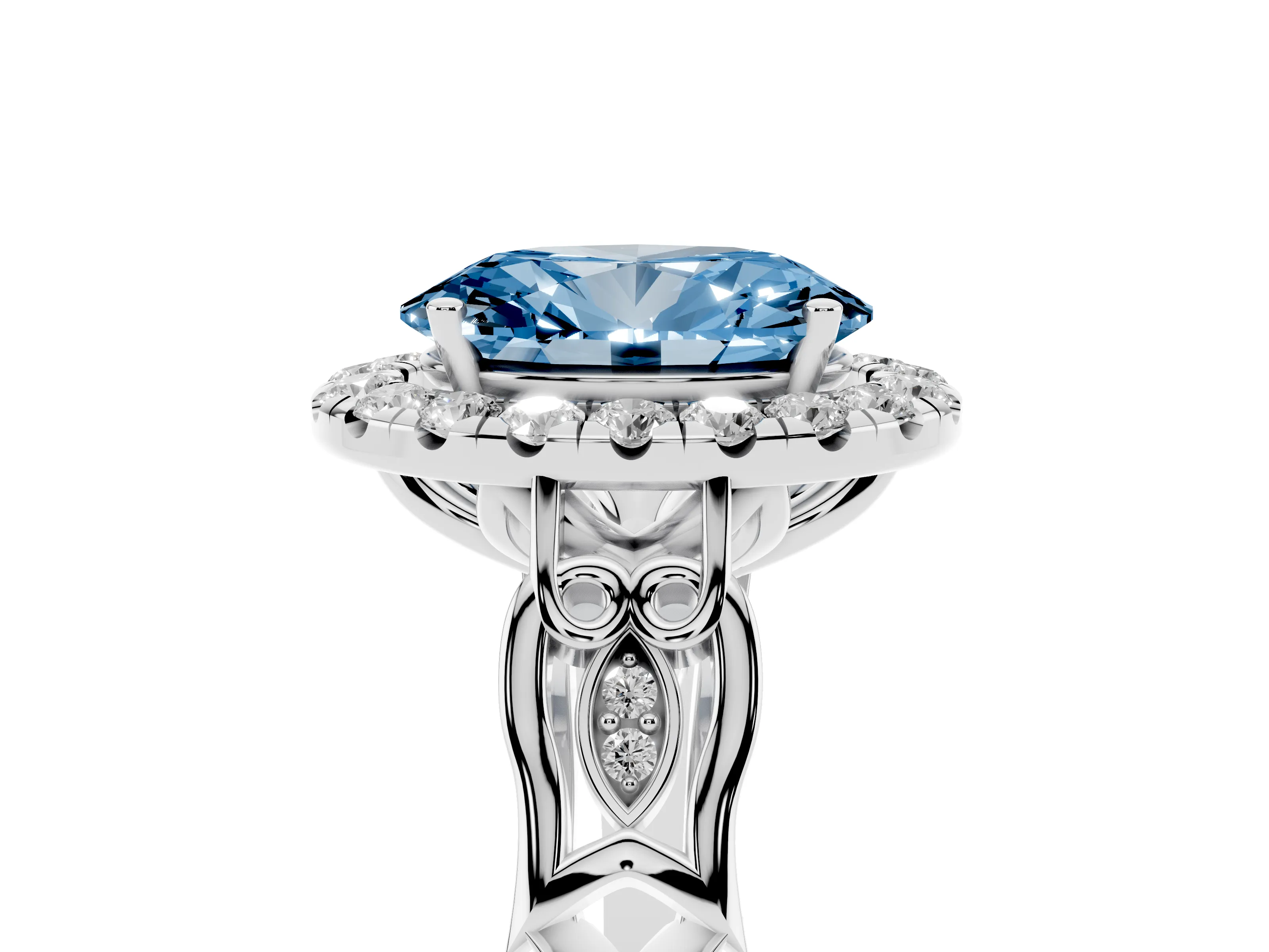 Fancy Blue Oval Cut Diamond Halo Engagement Ring Set in Platinum with Filigree Band and Prong-Set Center