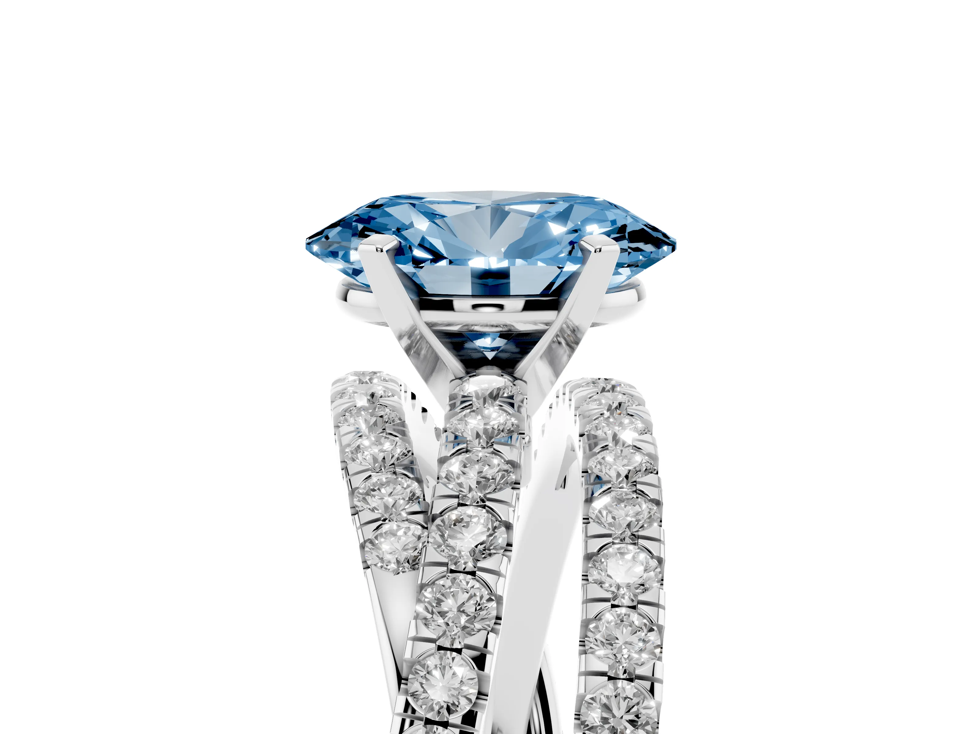 Fancy Blue Oval Cut Diamond Solitaire Twist Band Ring Set in Platinum with Pavé Setting and Prong Head
