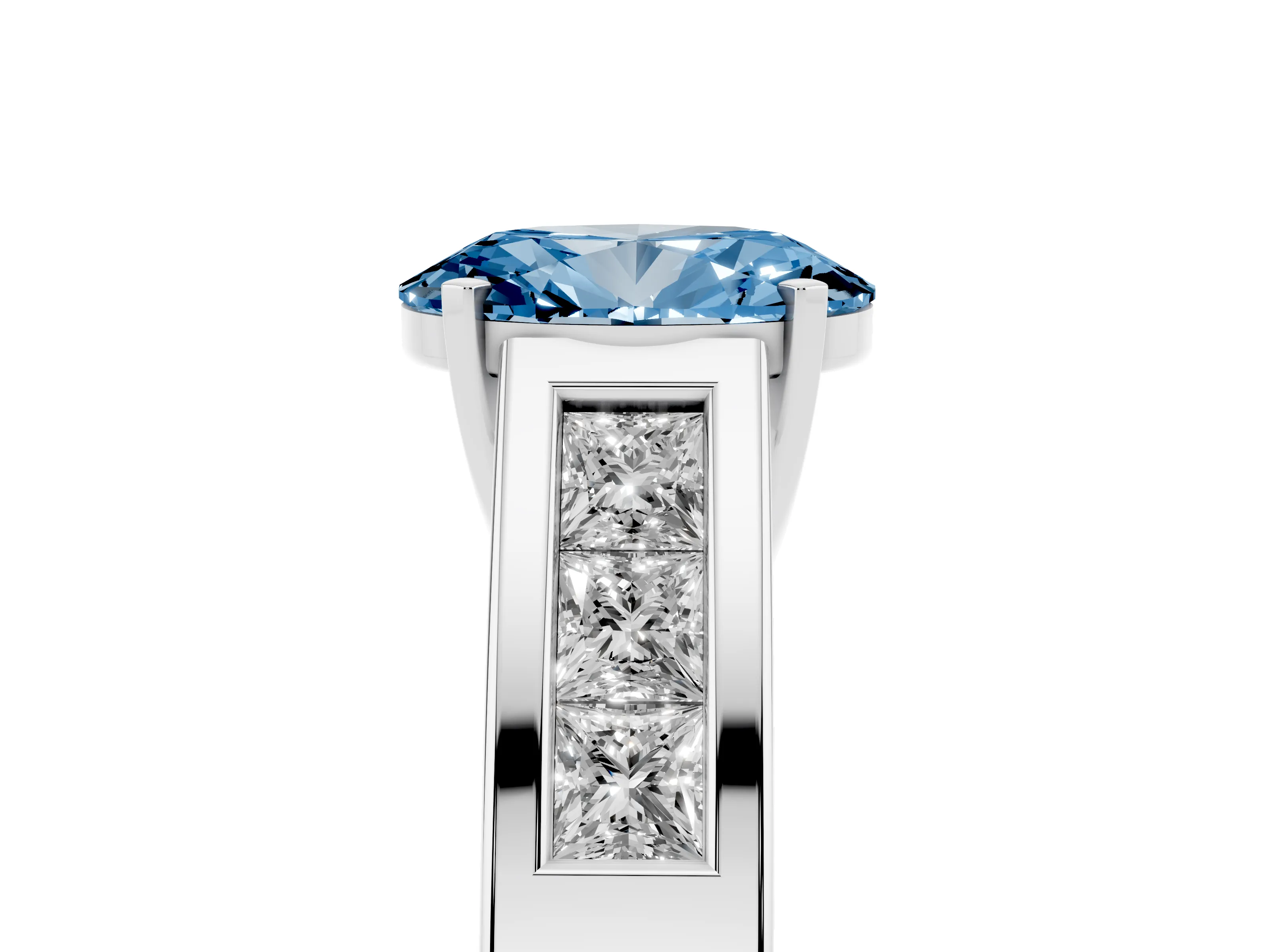 Fancy Blue Oval Cut Diamond Solitaire Ring Set in Platinum with Channel-Set Accent Stones and Prong Setting