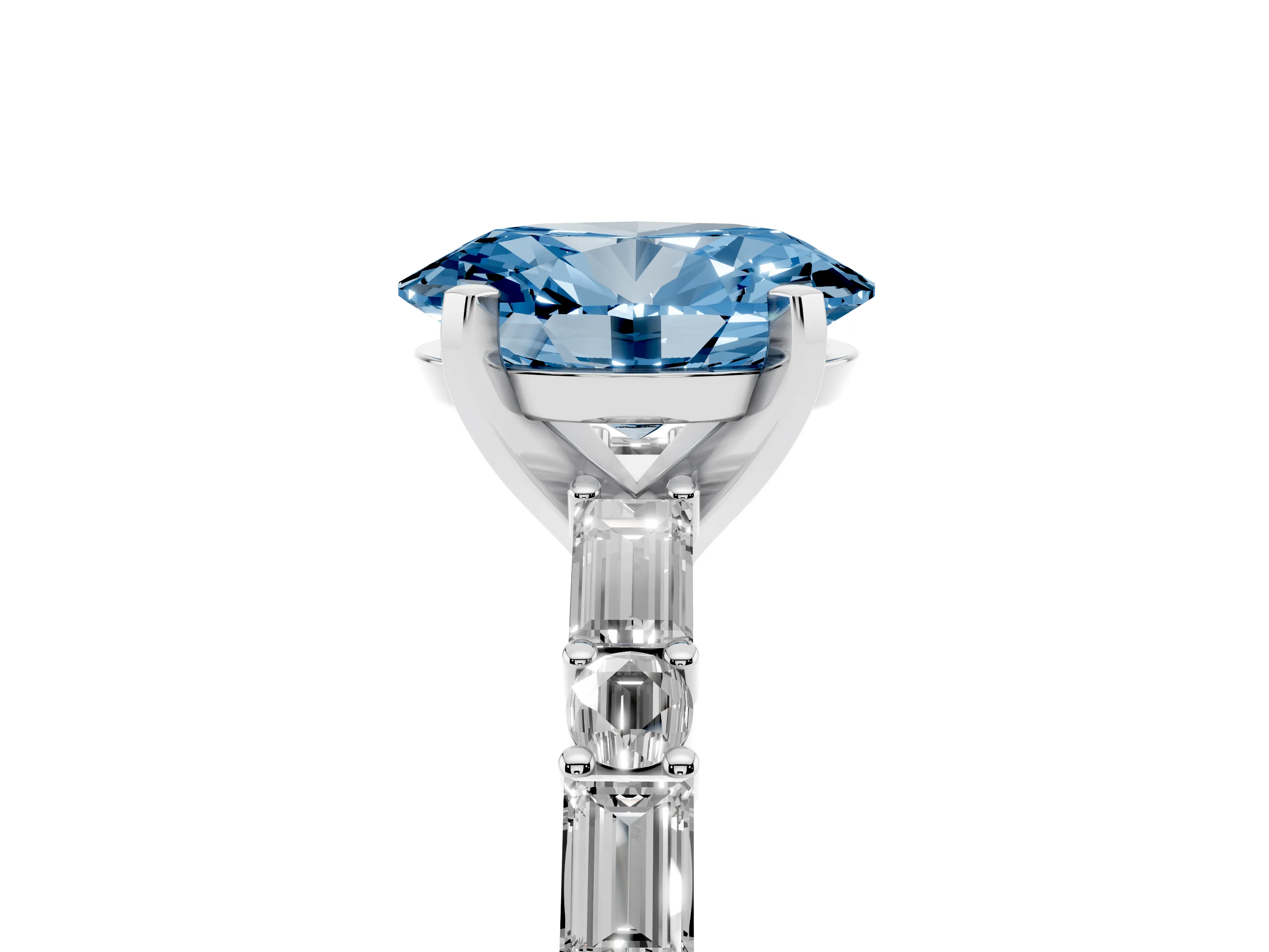 Fancy Blue Oval Cut Diamond Solitaire Set in Silver with Side Baguettes and Channel Set Band