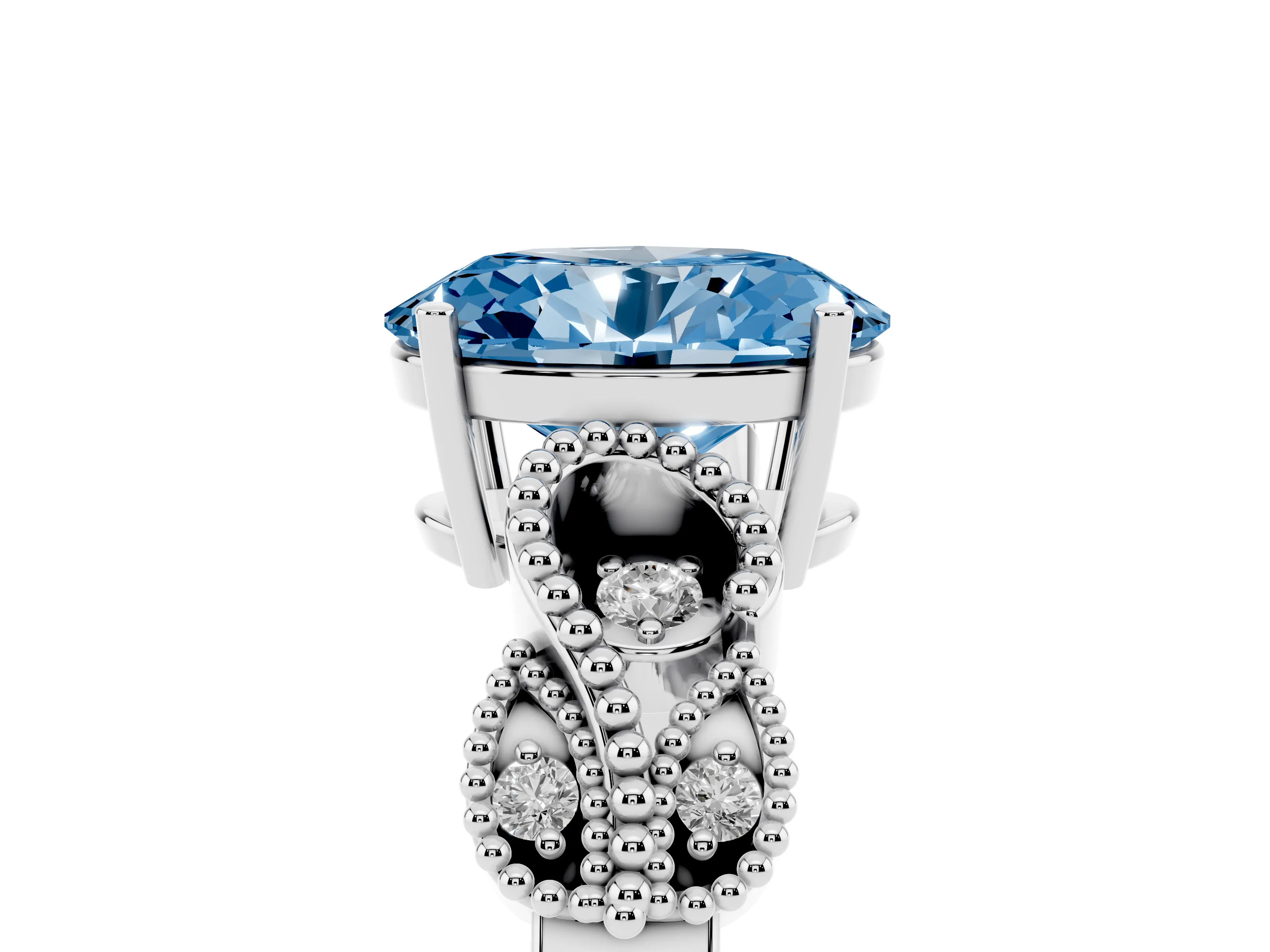 Fancy Blue Oval Cut Diamond Milgrain Leaf Band Solitaire Ring Set in Platinum with Accent Stones and Prong Setting