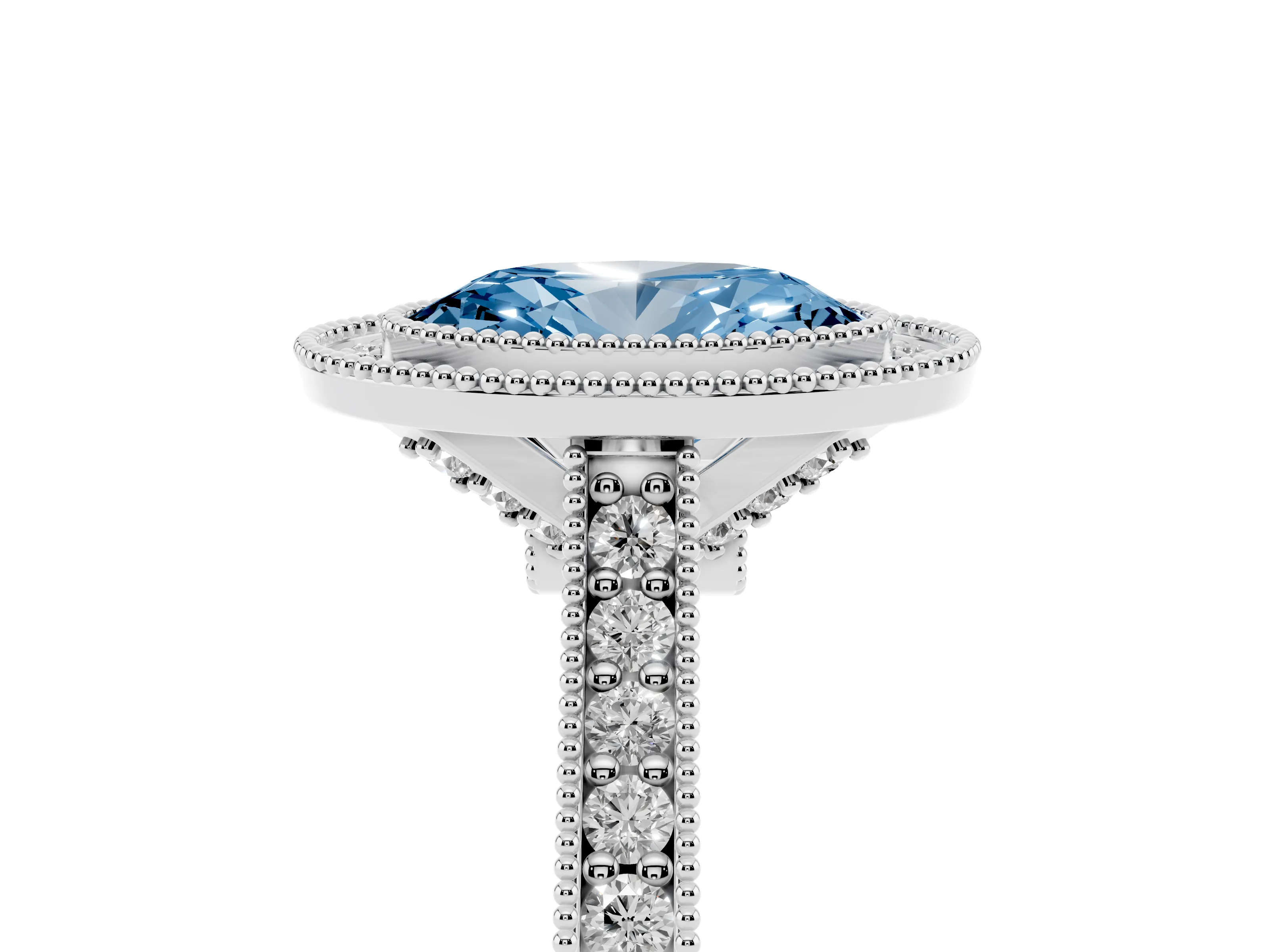 Fancy Blue Oval Cut Diamond Halo Milgrain Pavé Band Ring Set in Silver with Prong Setting