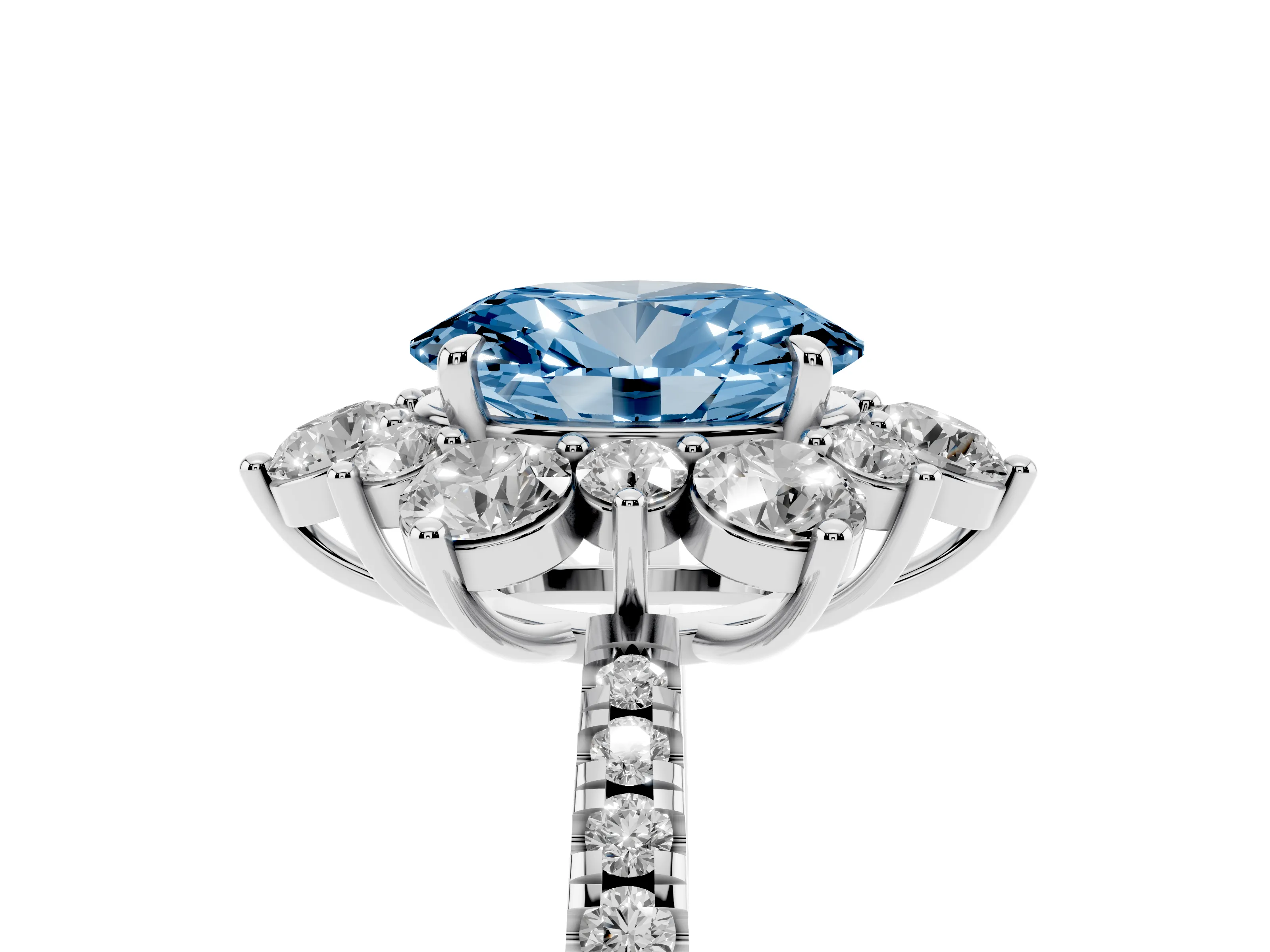 Fancy Blue Oval Cut Diamond Floral Halo Ring Set in White gold with Round Pavé Band and Prong Setting