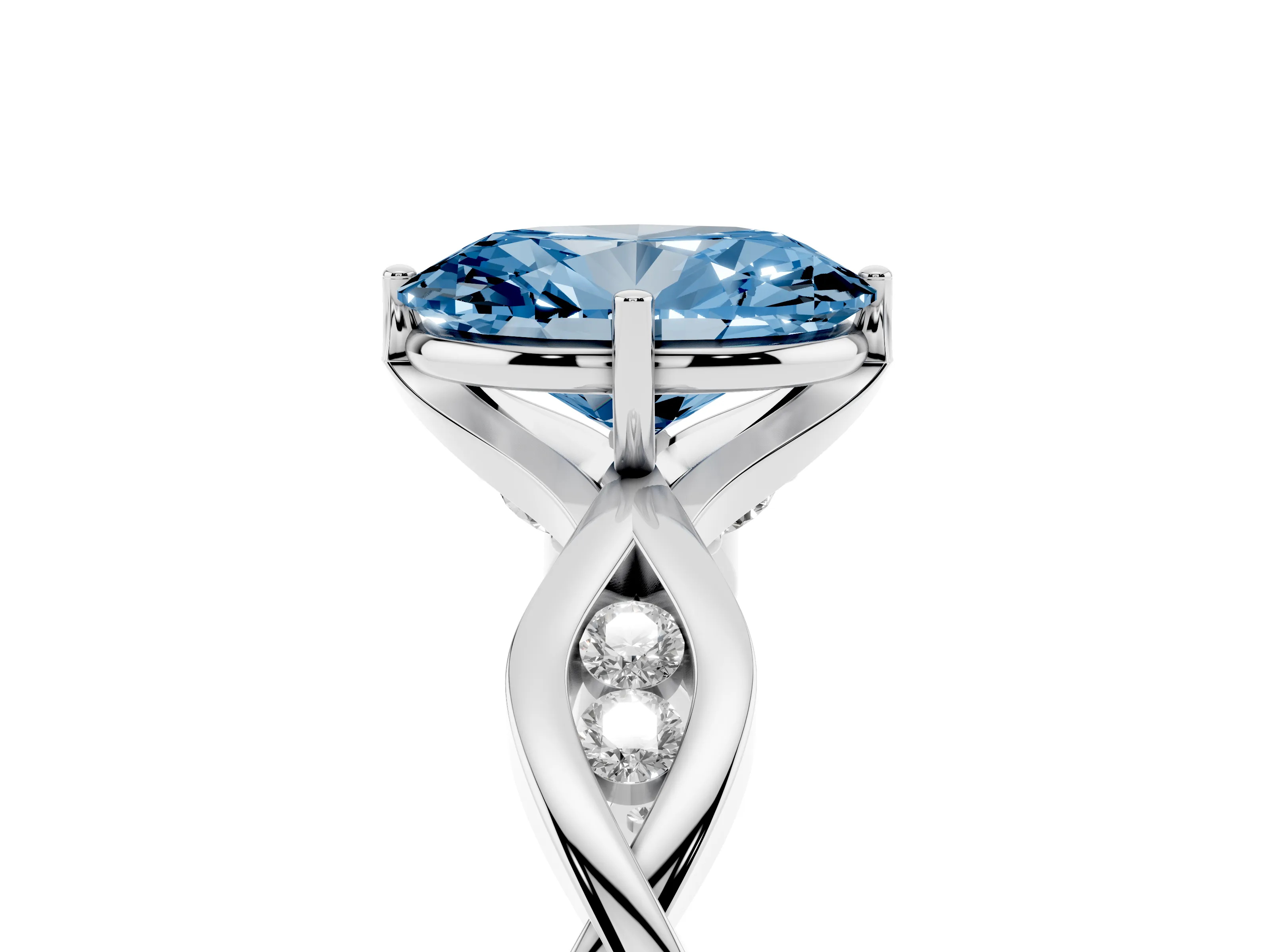 Fancy Blue Oval Cut Diamond Twist Band Solitaire Ring Set in Silver with Leaf Prong Setting and Accent Stones