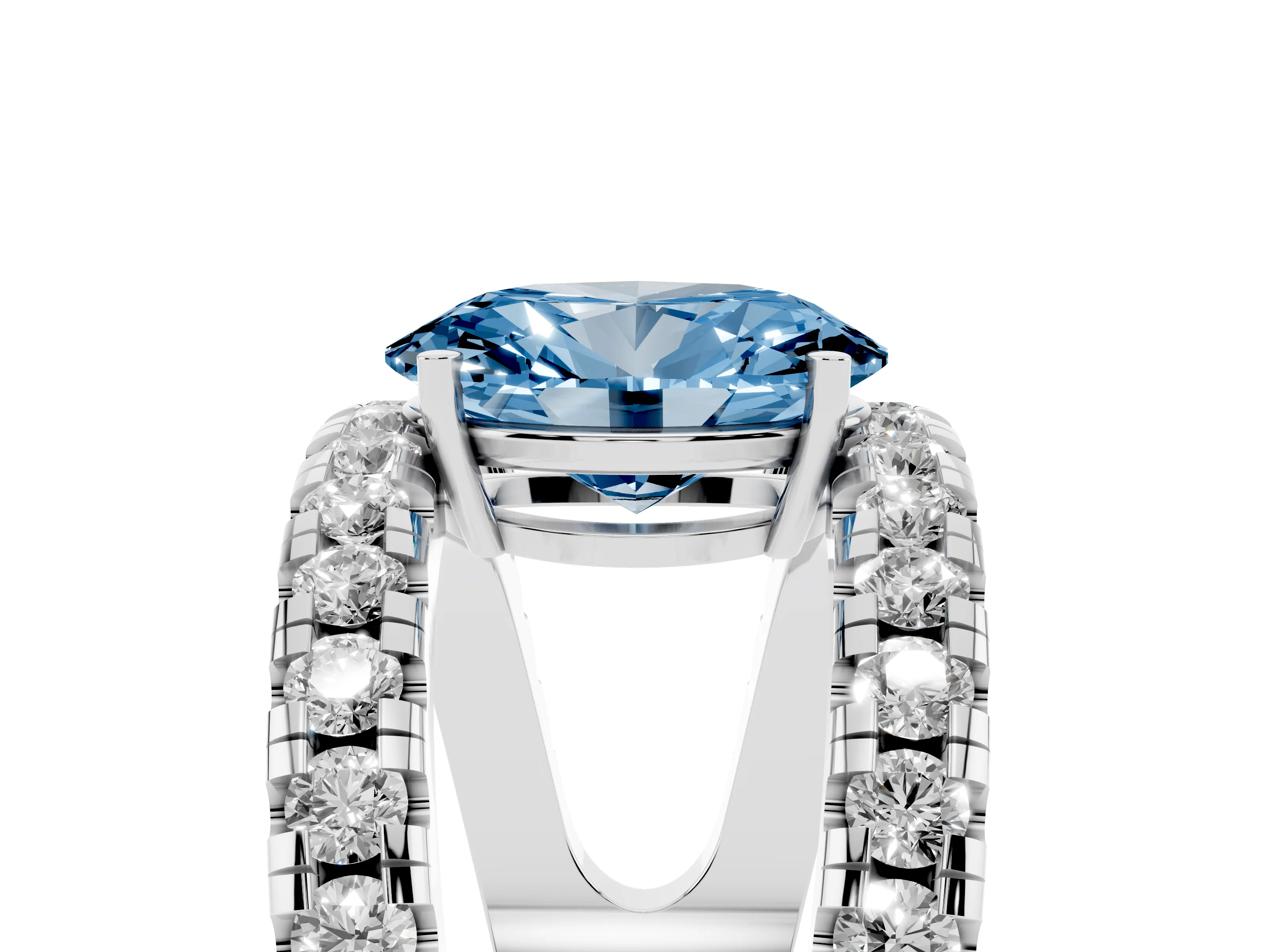 Fancy Blue Oval Cut Diamond Split Shank Pavé Solitaire Ring Set in Silver with Open Shank Design