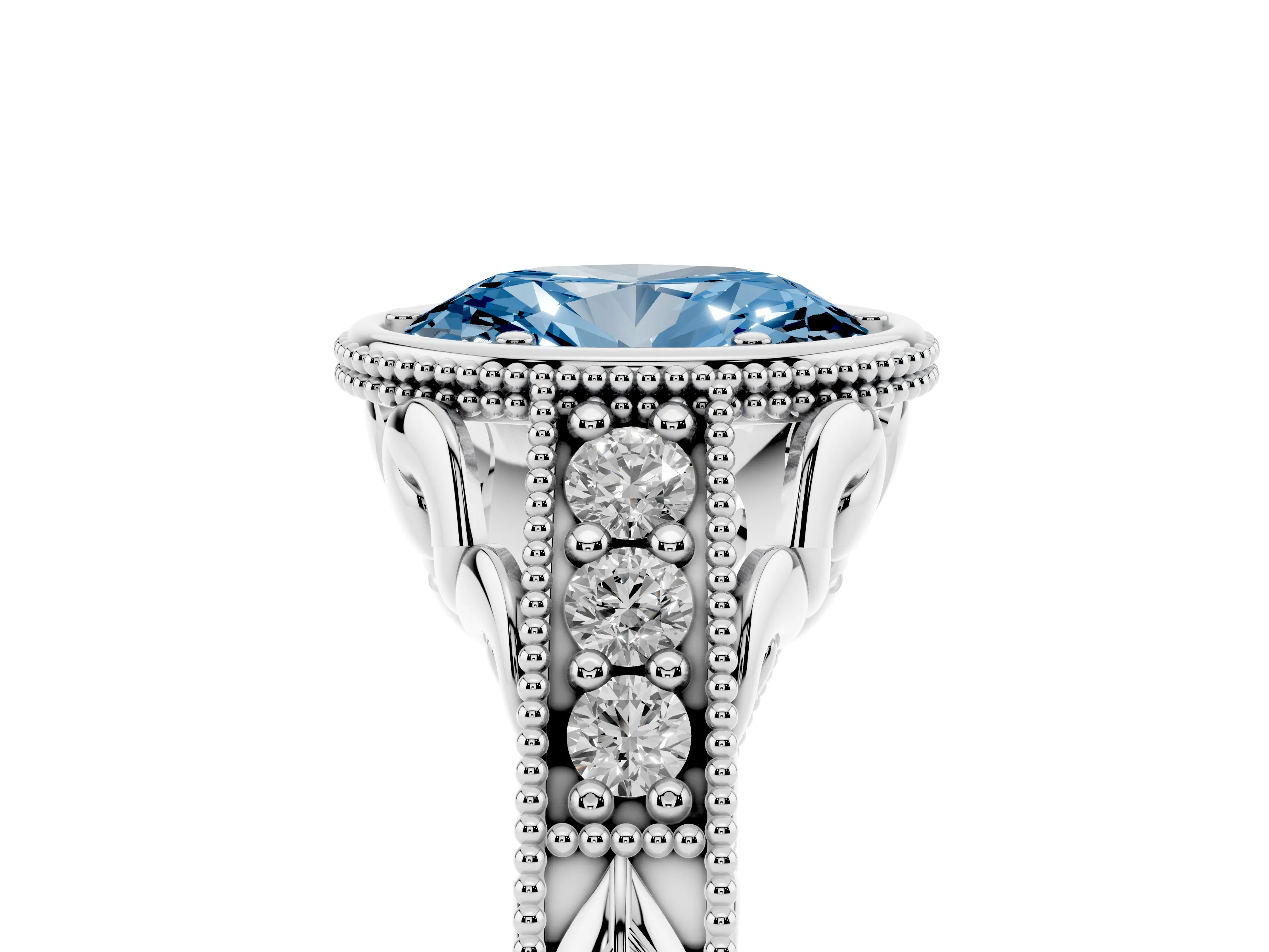 Fancy Blue Bezel Set Oval Cut Diamond Milgrain Pavé Engagement Ring Set in Silver