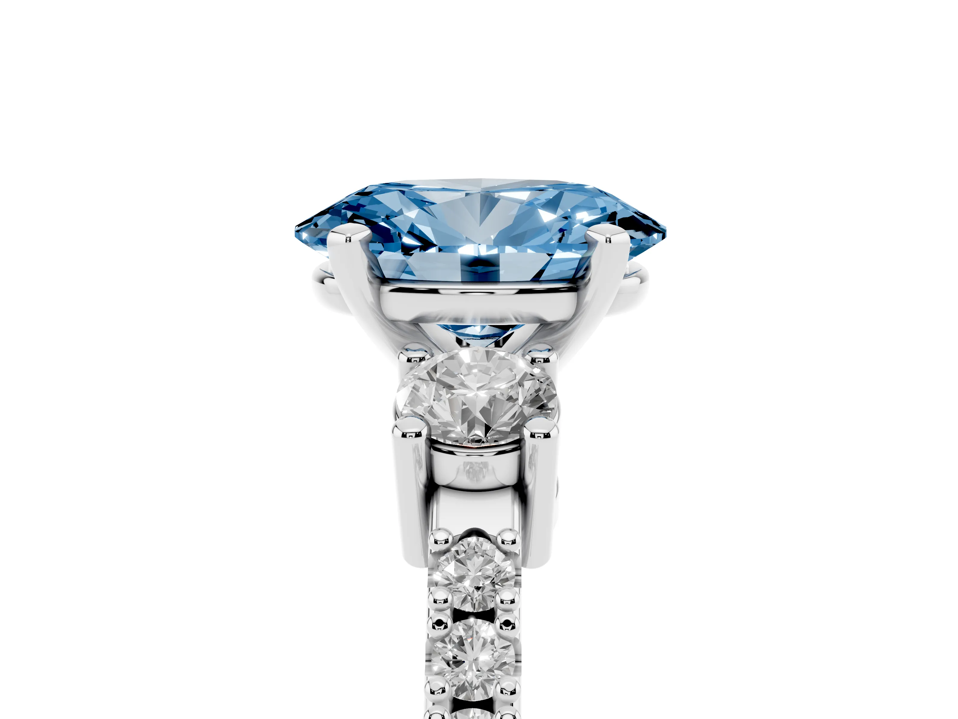 Fancy Blue Three-Stone Oval Cut Diamond Pavé Band Ring Set in White gold with Prong Setting