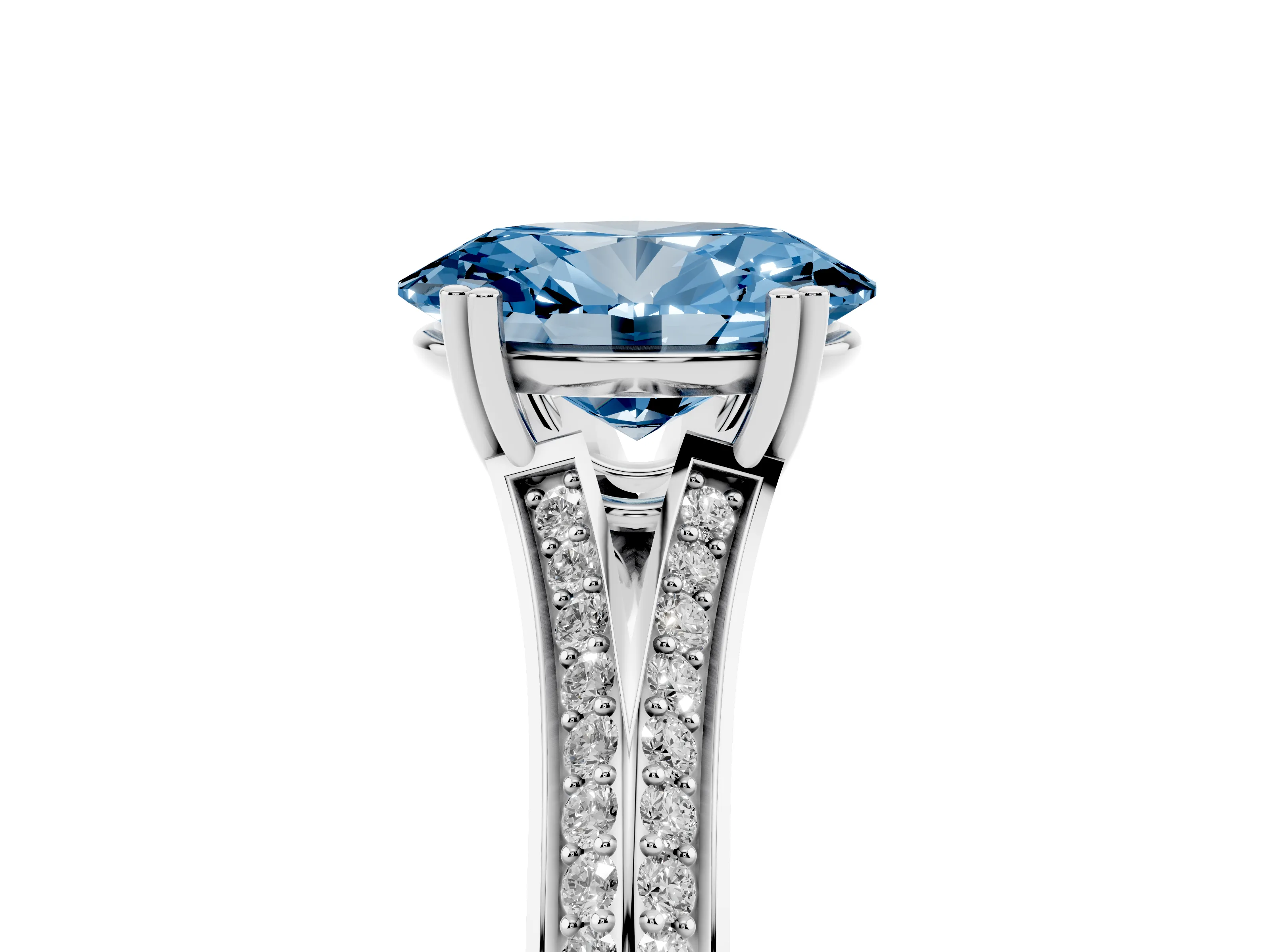 Fancy Blue Oval Cut Diamond Split Shank Pavé Engagement Ring Set in White gold with Prong-Set Center Stone