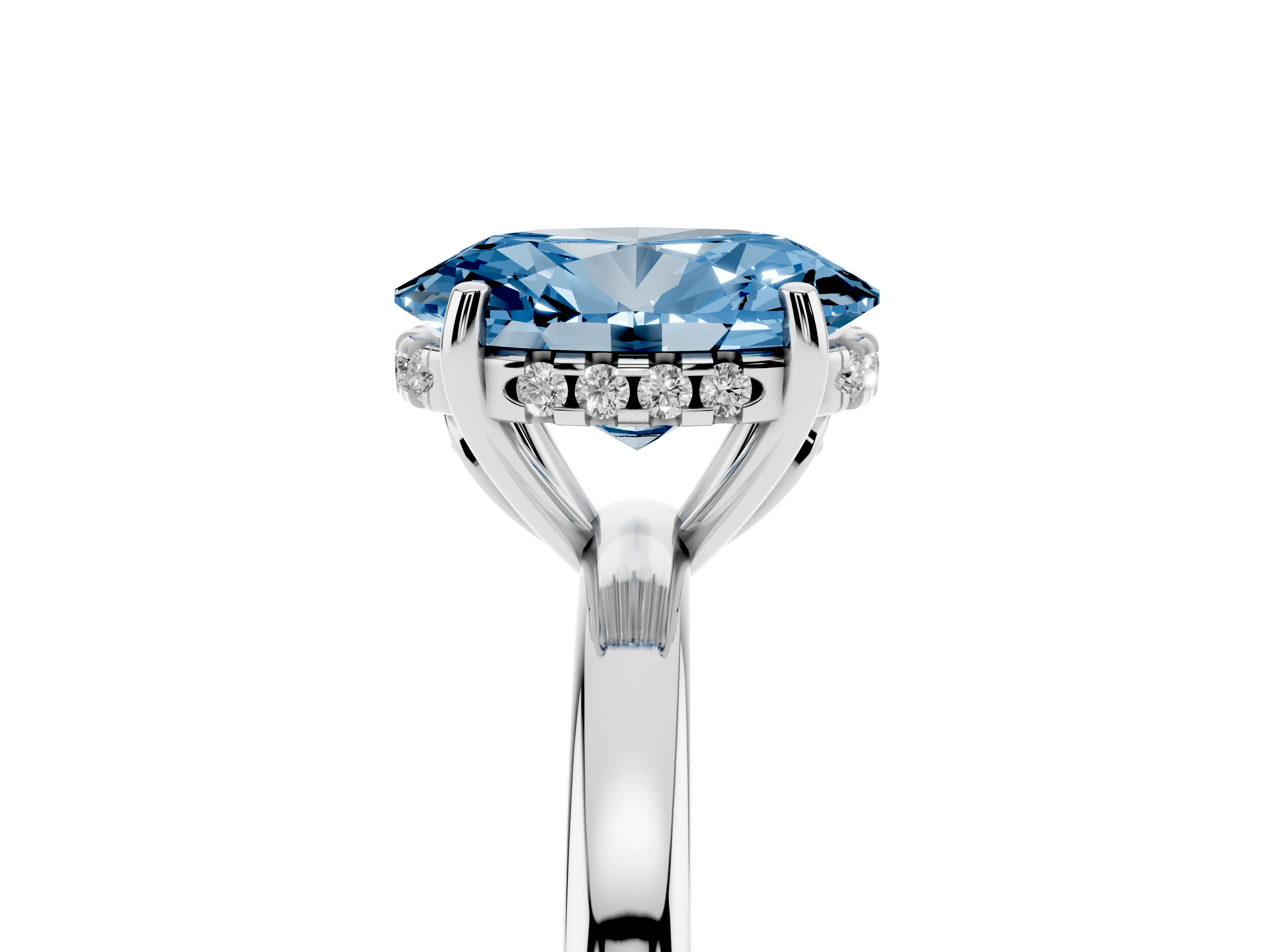 Fancy Blue Oval Cut Diamond Solitaire Ring Set in Platinum with Plain Band and Prong Setting