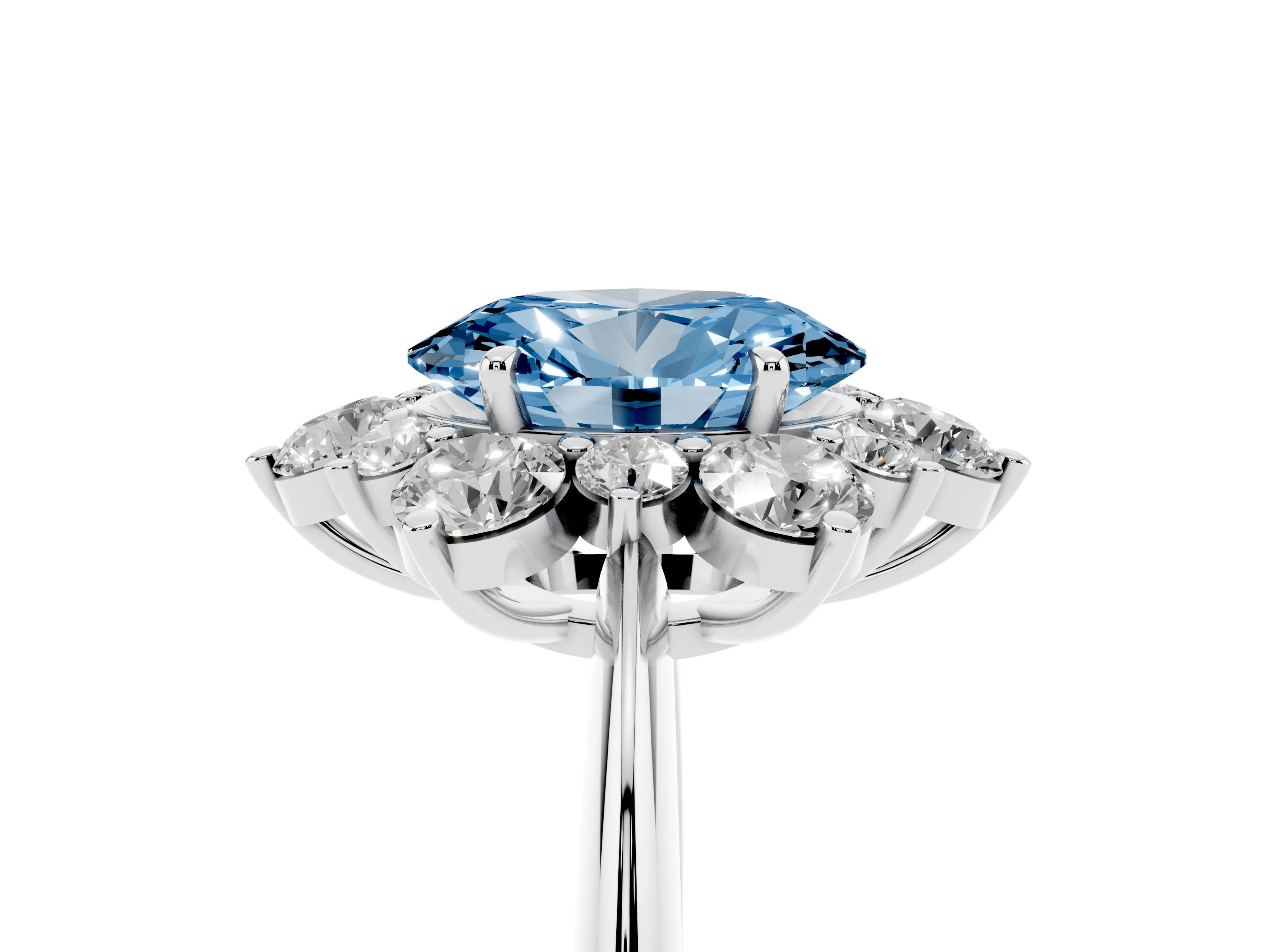 Fancy Blue Oval Cut Diamond Cluster Halo Ring Set in Platinum with Solitaire Band and Prong Setting