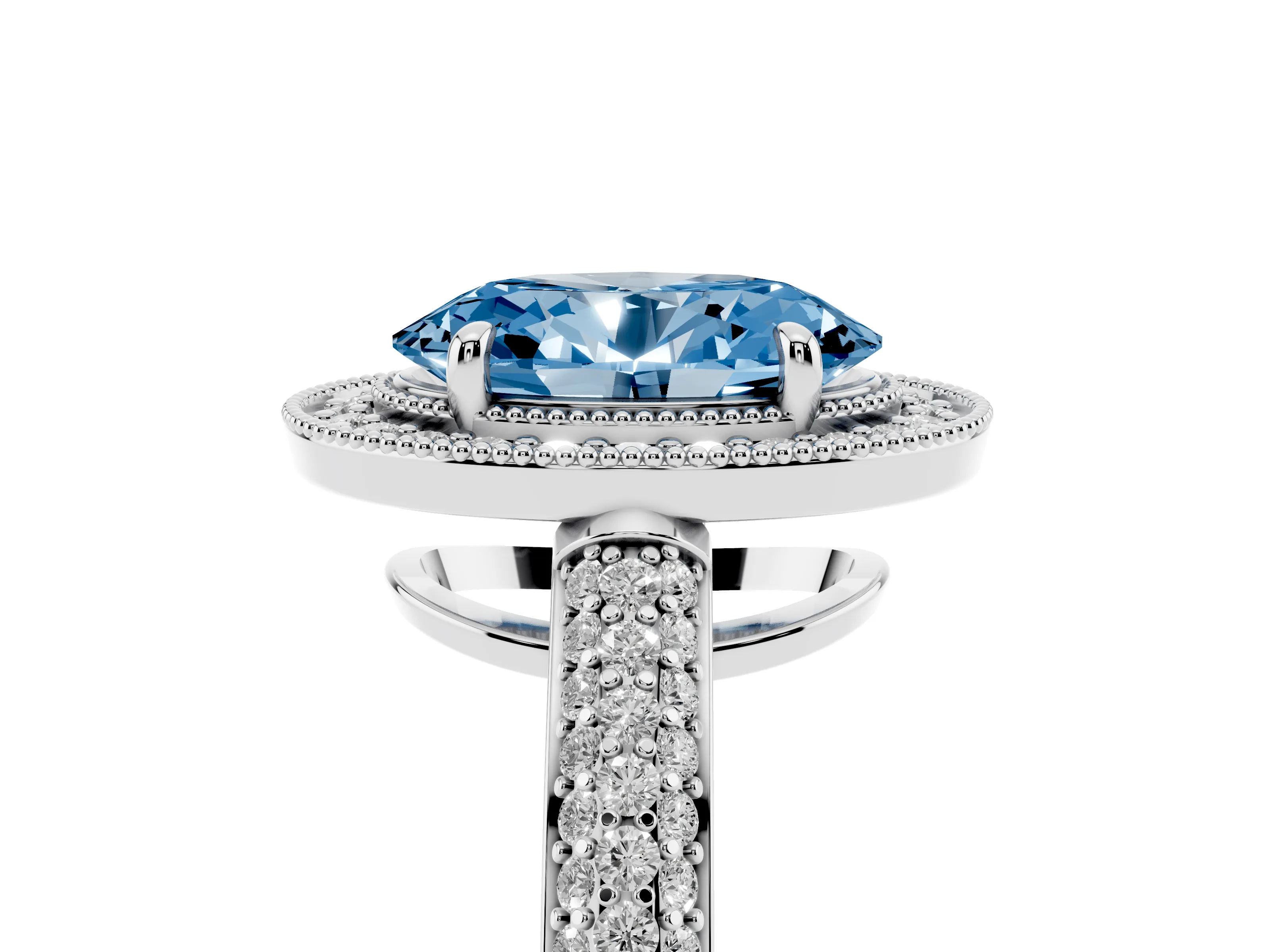Fancy Blue Oval Cut Diamond Halo Pavé Band Set in Silver with Prong Setting