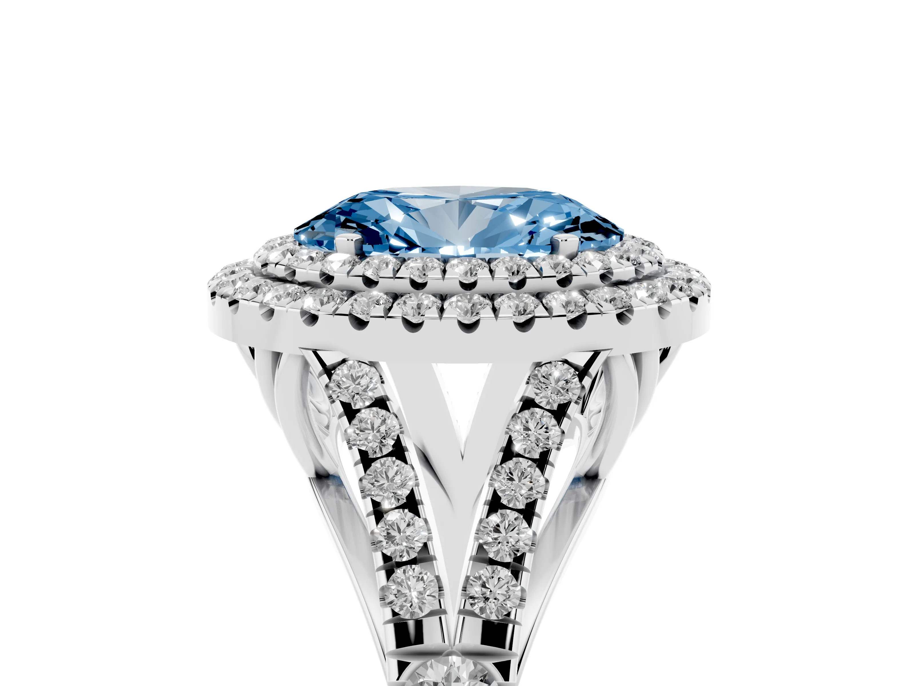 Fancy Blue Oval Cut Diamond Pavé Split Shank Double Halo Engagement Ring Set in Silver