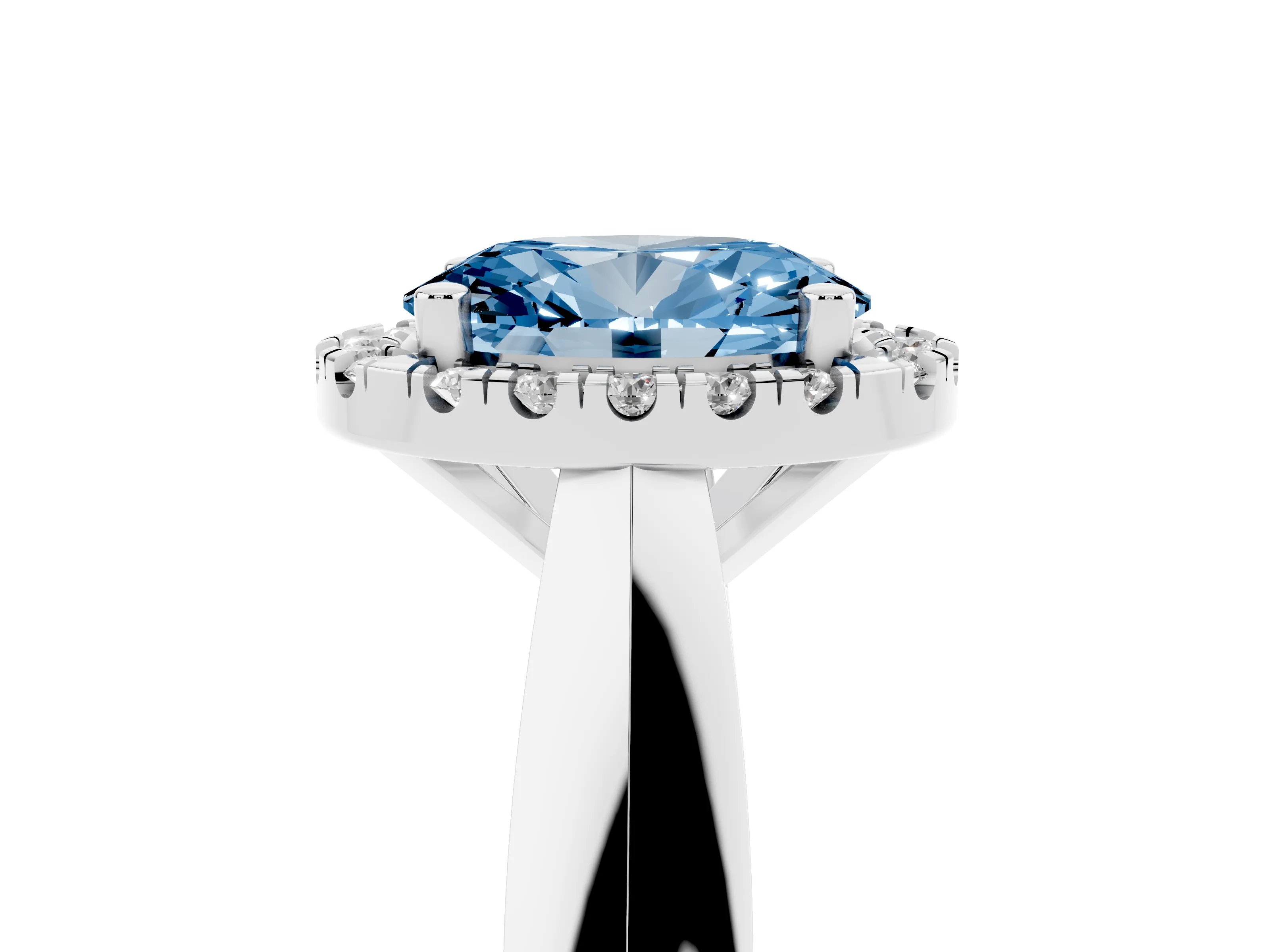 Fancy Blue Oval Cut Diamond Halo Solitaire Engagement Ring Set in Platinum with Square Band and Prong Setting