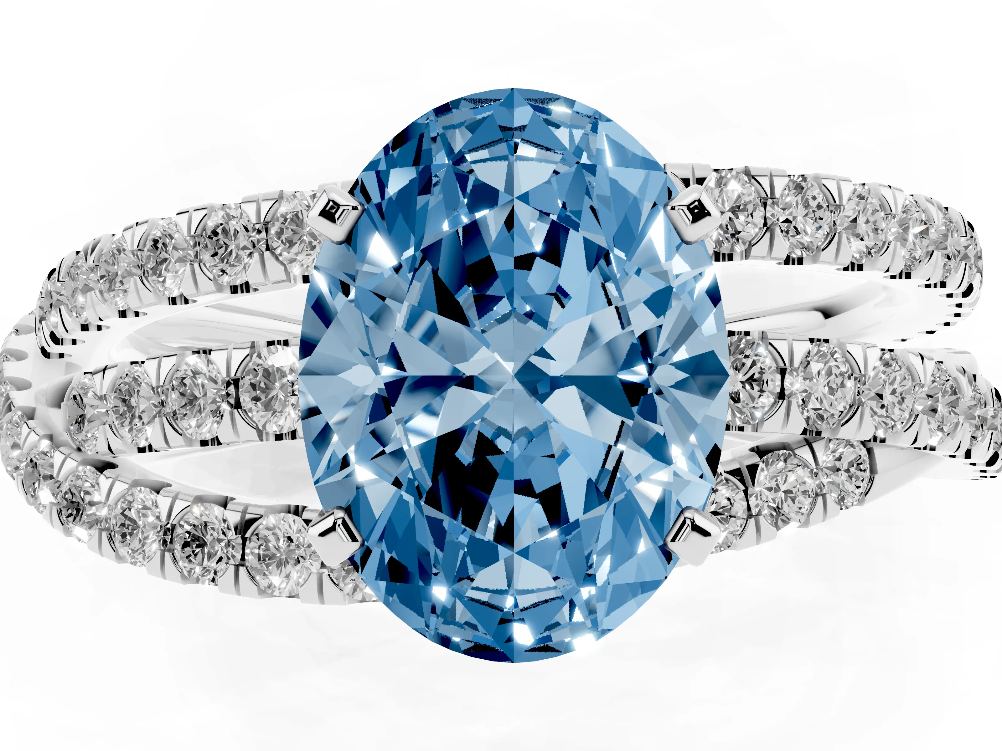 Fancy Blue Oval Cut Diamond Solitaire Twist Band Ring Set in Platinum with Pavé Setting and Prong Head