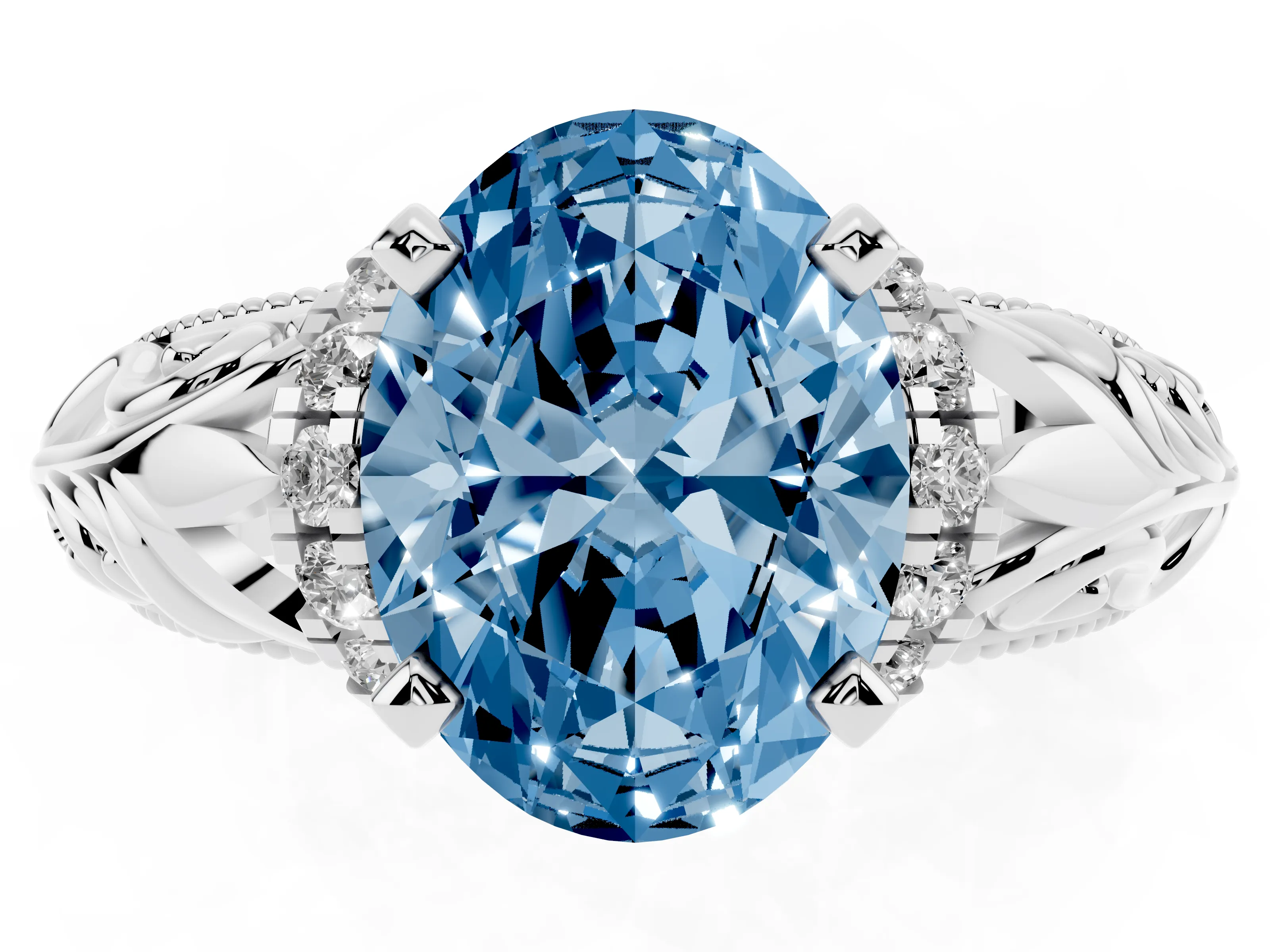 Fancy Blue Oval Cut Diamond Filigree Halo Engagement Ring Set in White gold with Prong Setting