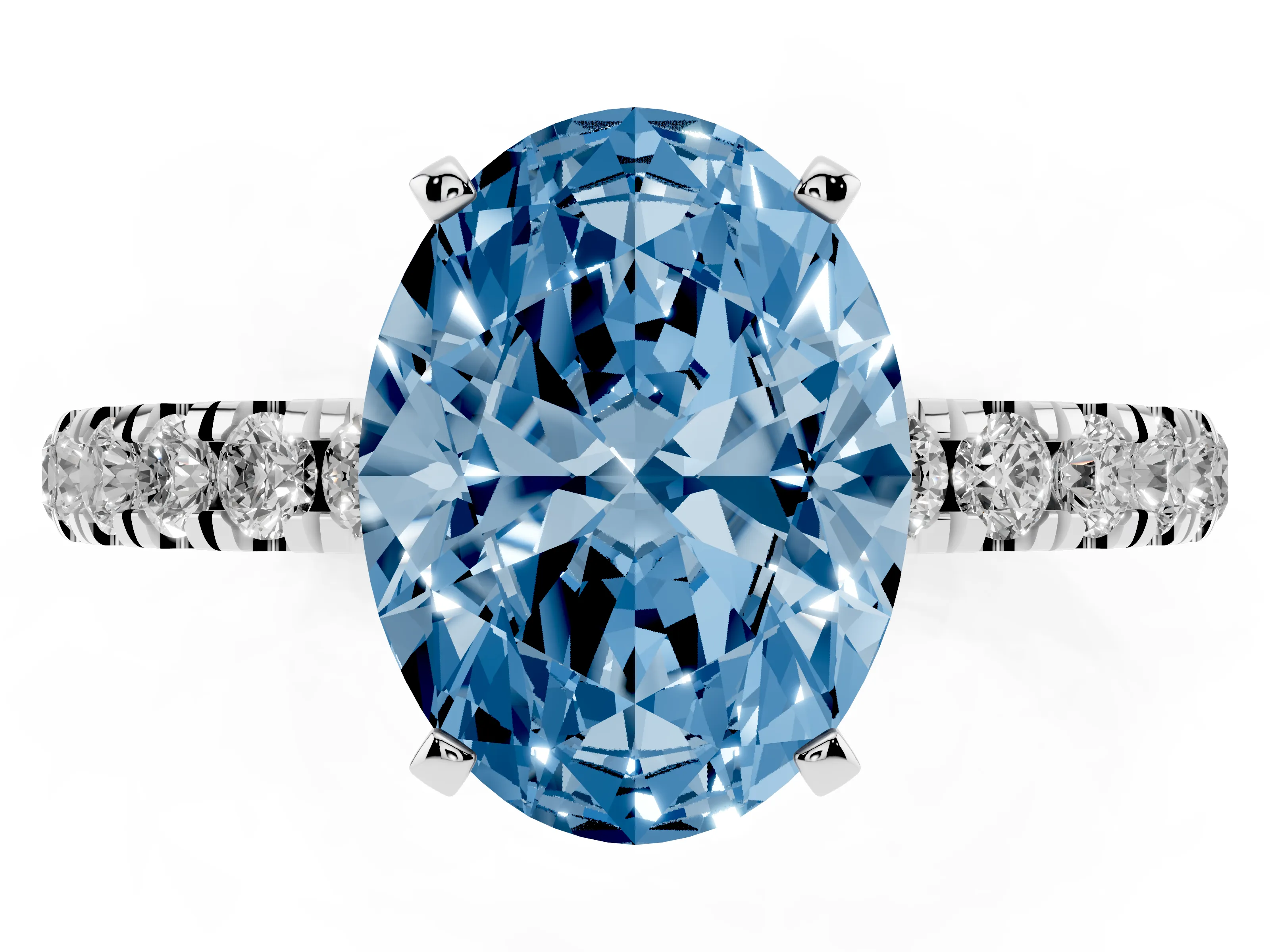 Fancy Blue Oval Cut Diamond Solitaire Ring Set in White gold with Pavé Accents and Prong Setting