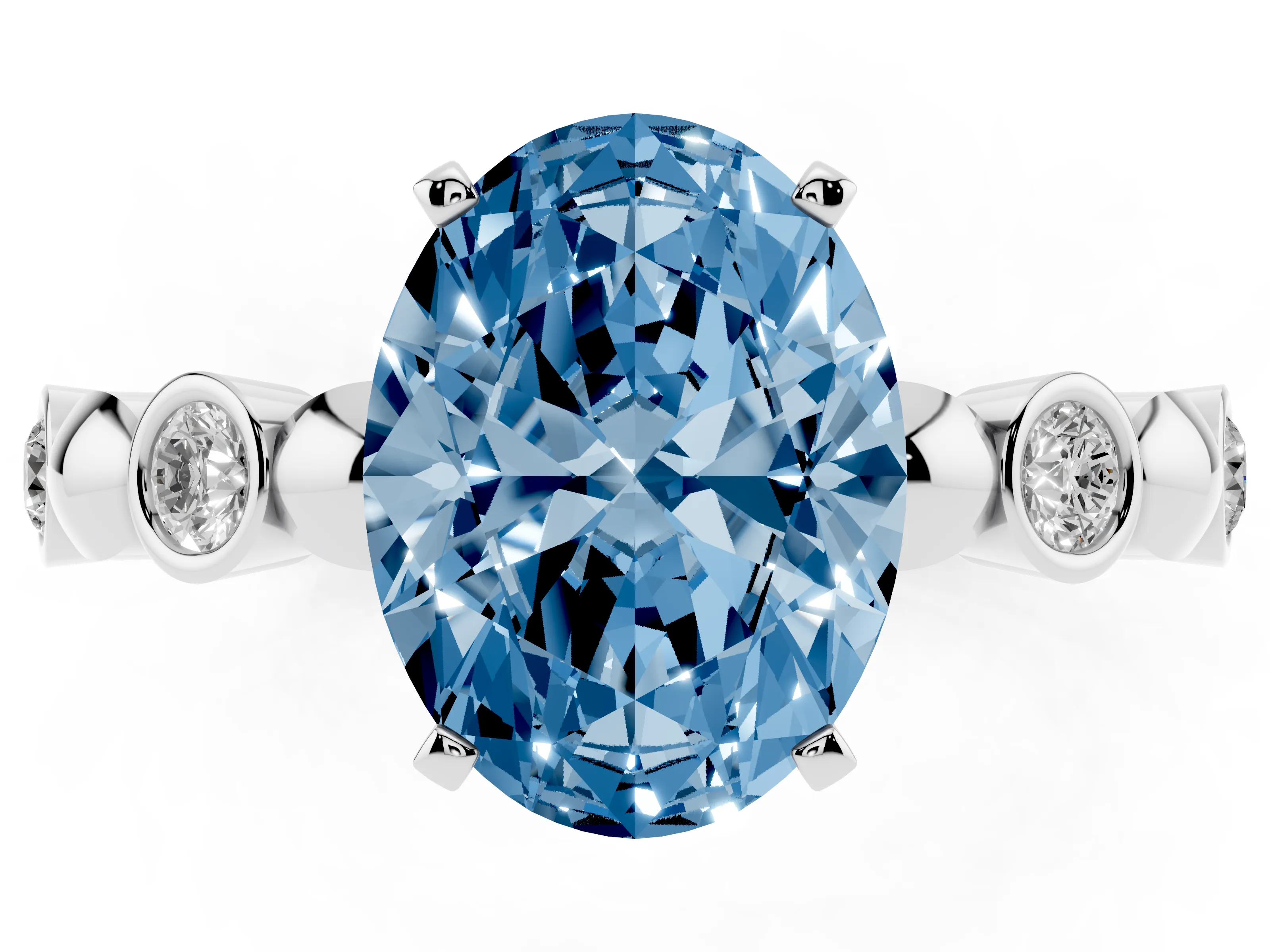 Fancy Blue Oval Cut Diamond Solitaire Ring Set in Platinum with Bezel-Set Accents on Beaded Band and Prong Setting