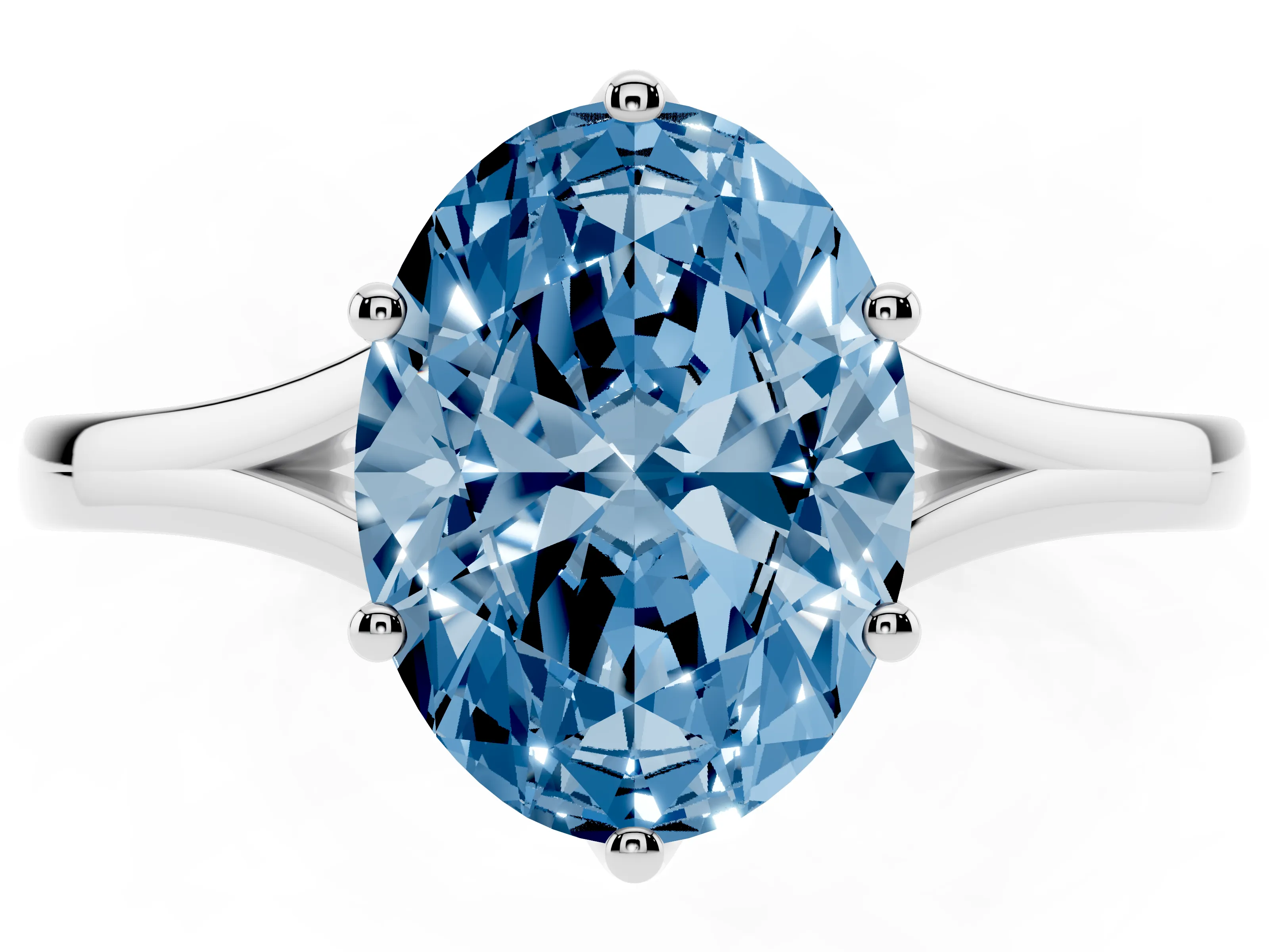 Fancy Blue Oval Cut Diamond Solitaire Ring Set in Silver with Polished Tapered Band and Prong Setting
