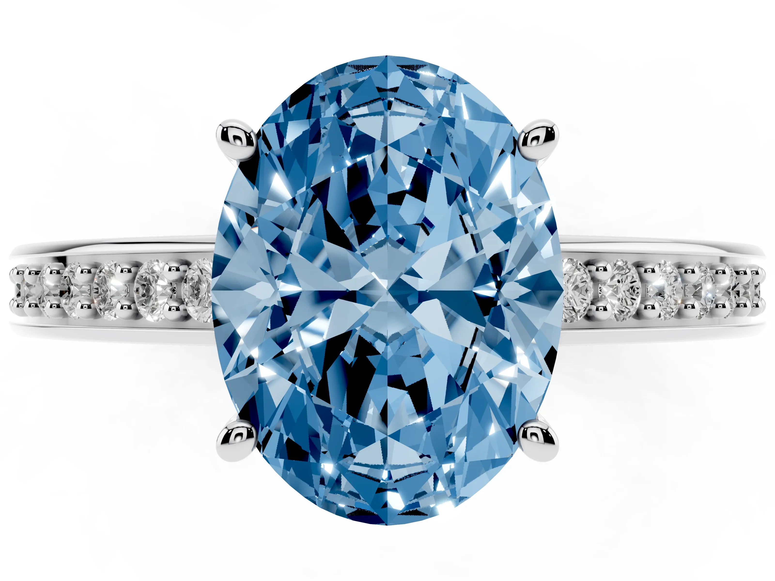 Fancy Blue Oval Cut Diamond Pavé Band Prong Set Solitaire Ring Set in White gold