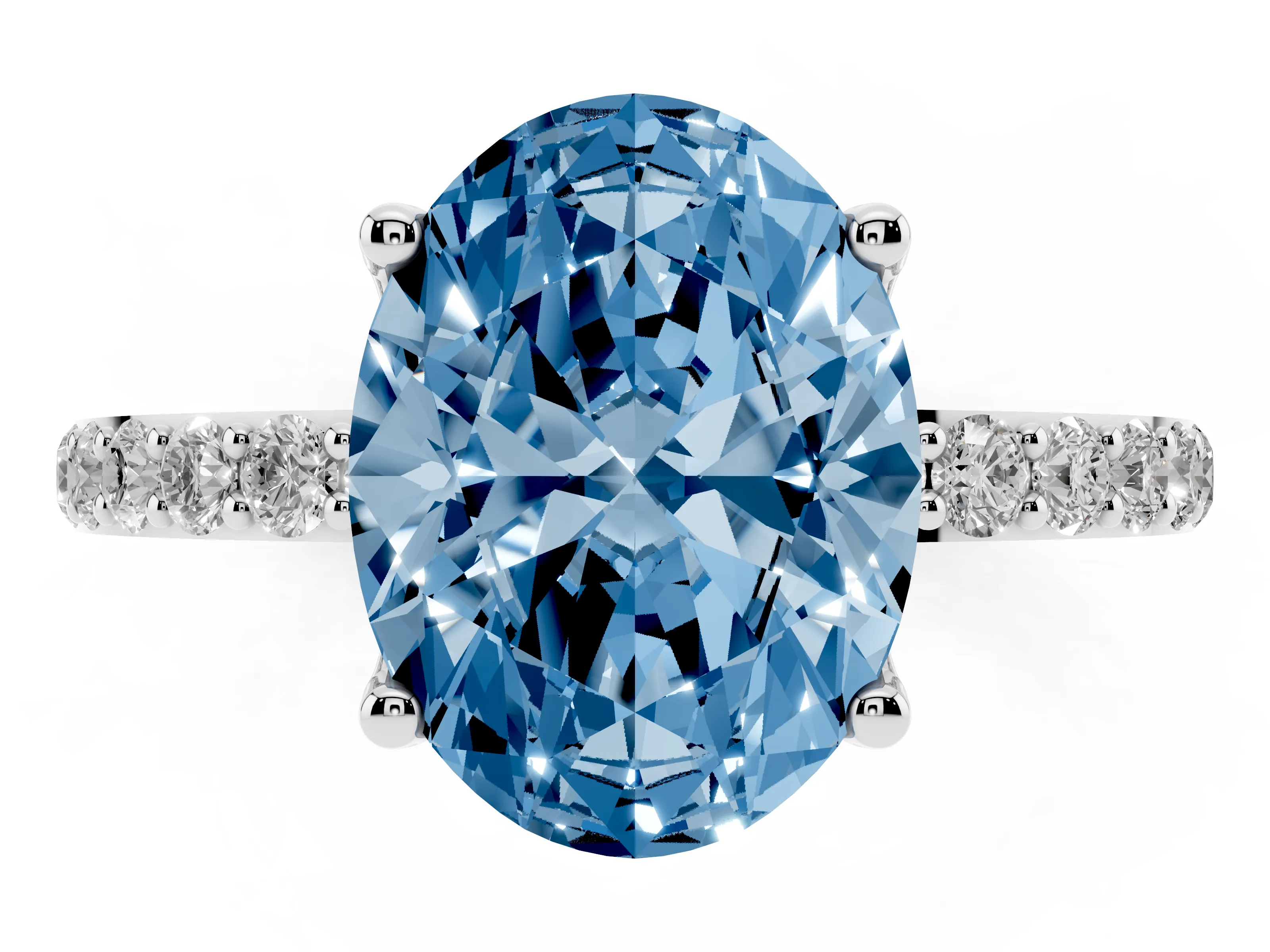 Fancy Blue Oval Cut Diamond Solitaire Engagement Ring Set in White gold with Round Pavé Band and Prong Setting