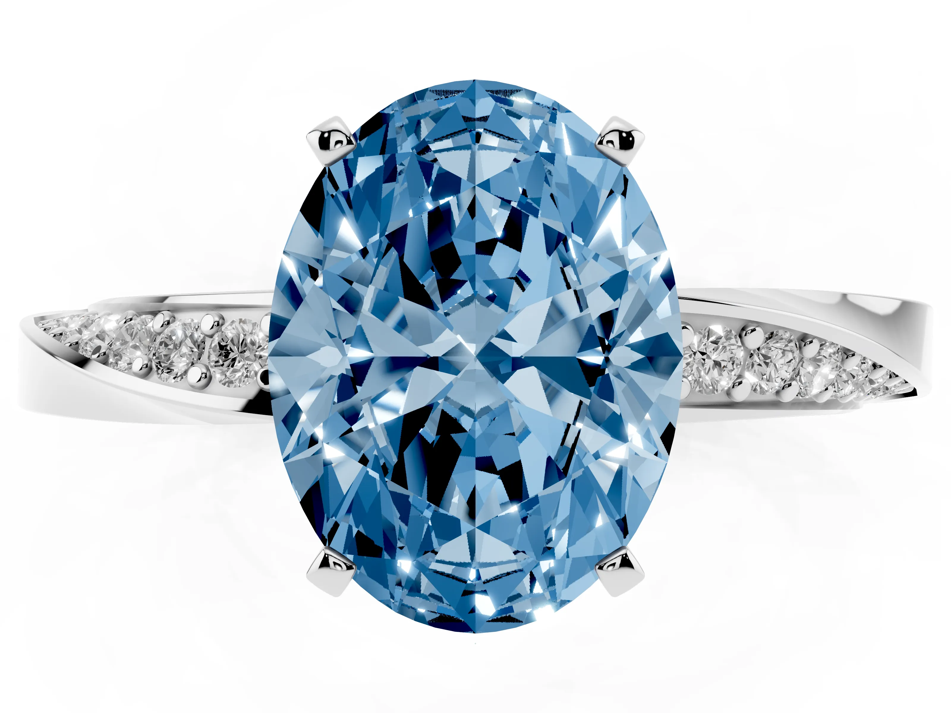 Fancy Blue Oval Cut Diamond Engagement Ring Set in Platinum with Side Stone Accents and Prong Setting